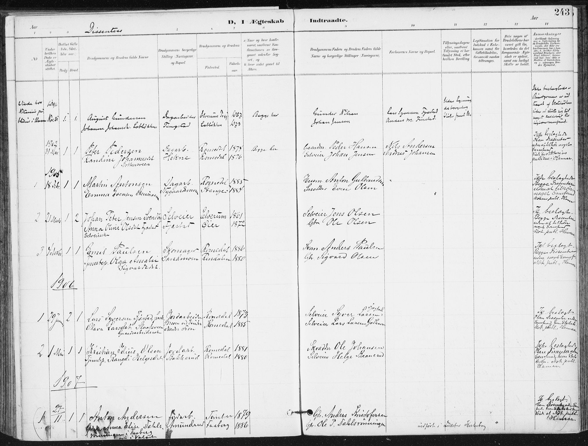 Romedal prestekontor, SAH/PREST-004/K/L0011: Parish register (official) no. 11, 1896-1912, p. 243