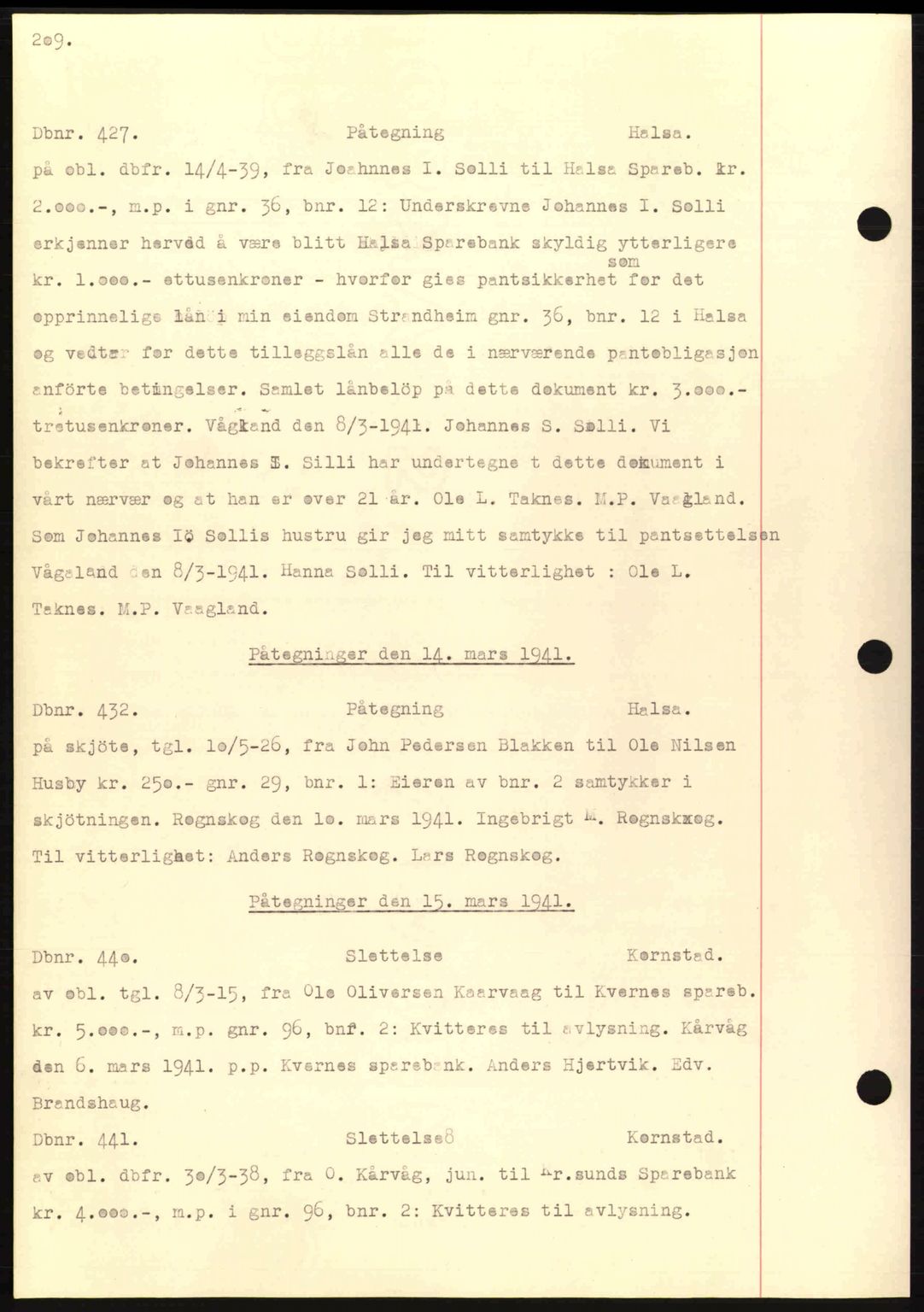 Nordmøre sorenskriveri, AV/SAT-A-4132/1/2/2Ca: Mortgage book no. C81, 1940-1945, Diary no: : 427/1941