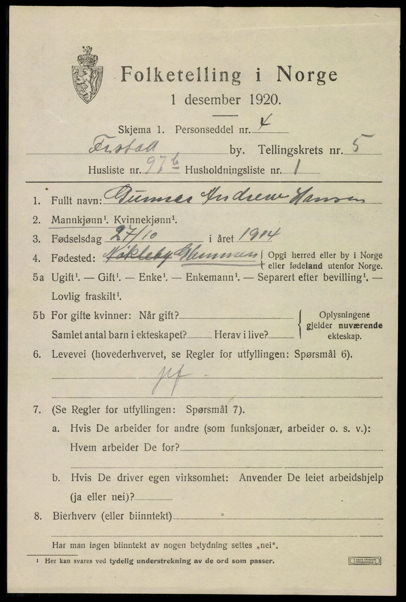 SAO, 1920 census for Fredrikstad, 1920, p. 20233