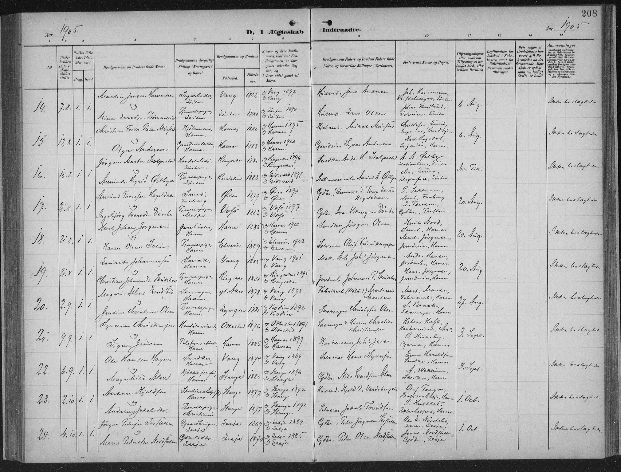 Hamar prestekontor, SAH/DOMPH-002/H/Ha/Haa/L0001: Parish register (official) no. 1, 1900-1914, p. 208