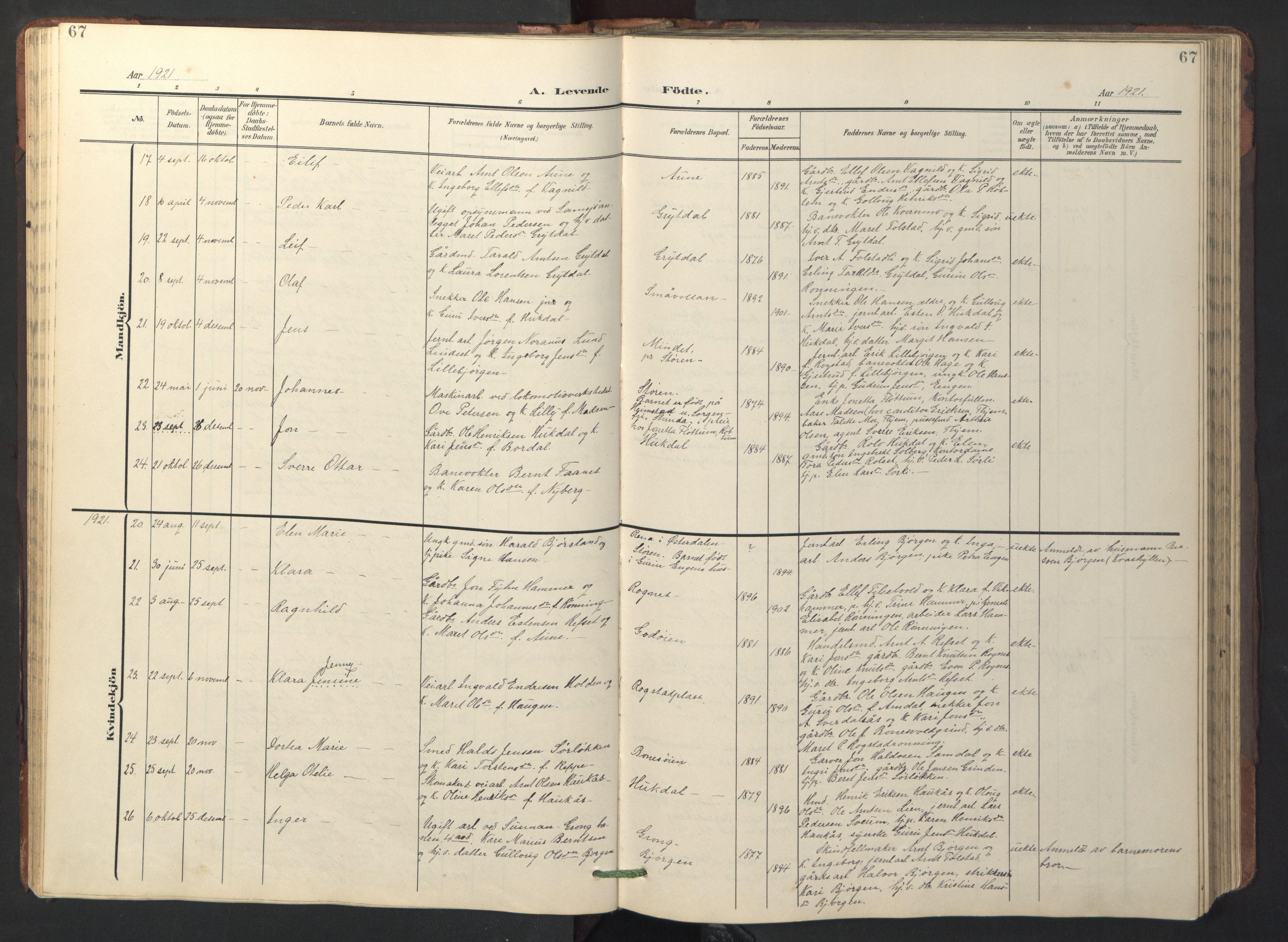 Ministerialprotokoller, klokkerbøker og fødselsregistre - Sør-Trøndelag, SAT/A-1456/687/L1019: Parish register (copy) no. 687C03, 1904-1931, p. 67