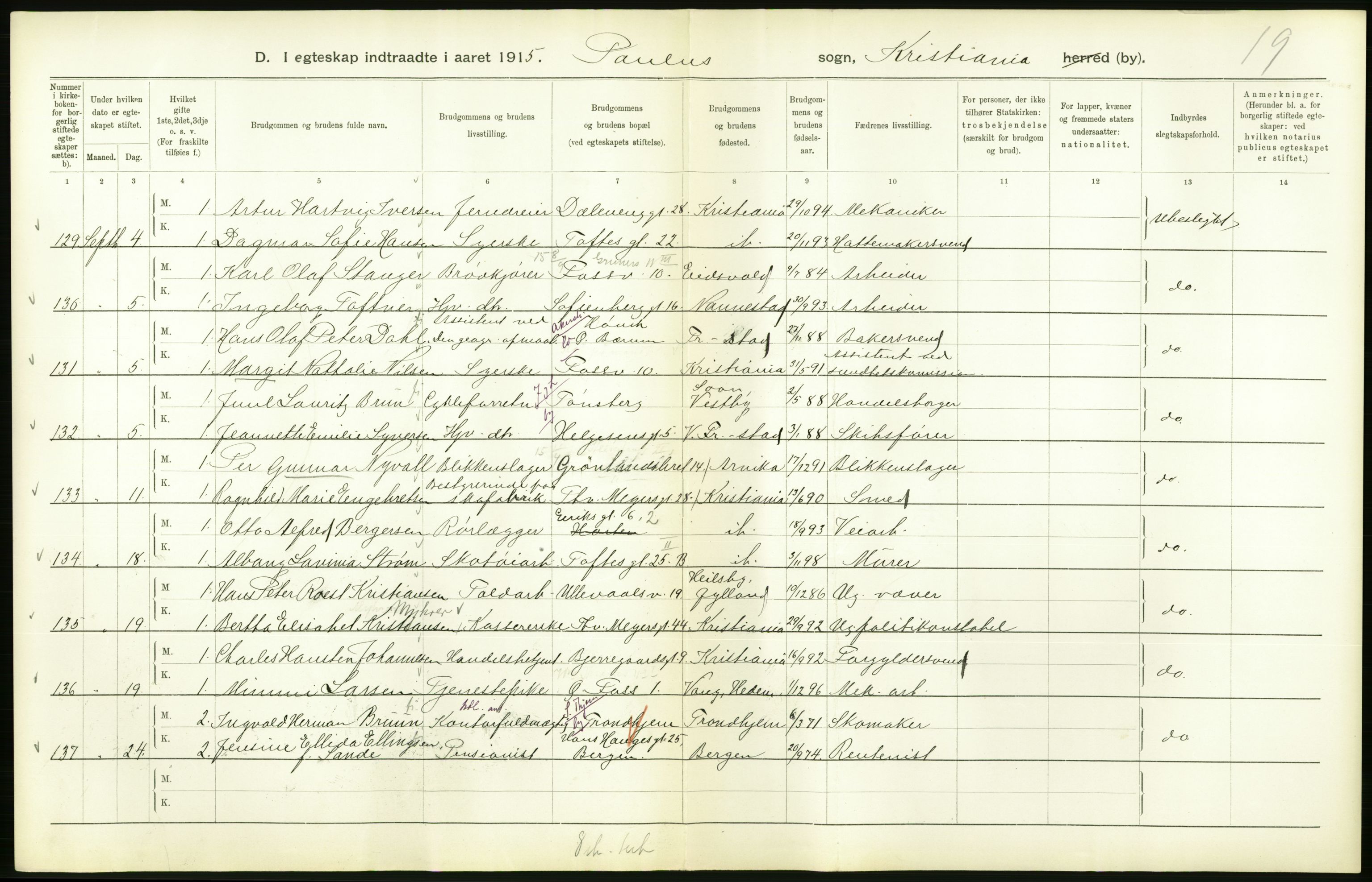 Statistisk sentralbyrå, Sosiodemografiske emner, Befolkning, AV/RA-S-2228/D/Df/Dfb/Dfbe/L0008: Kristiania: Gifte., 1915, p. 522