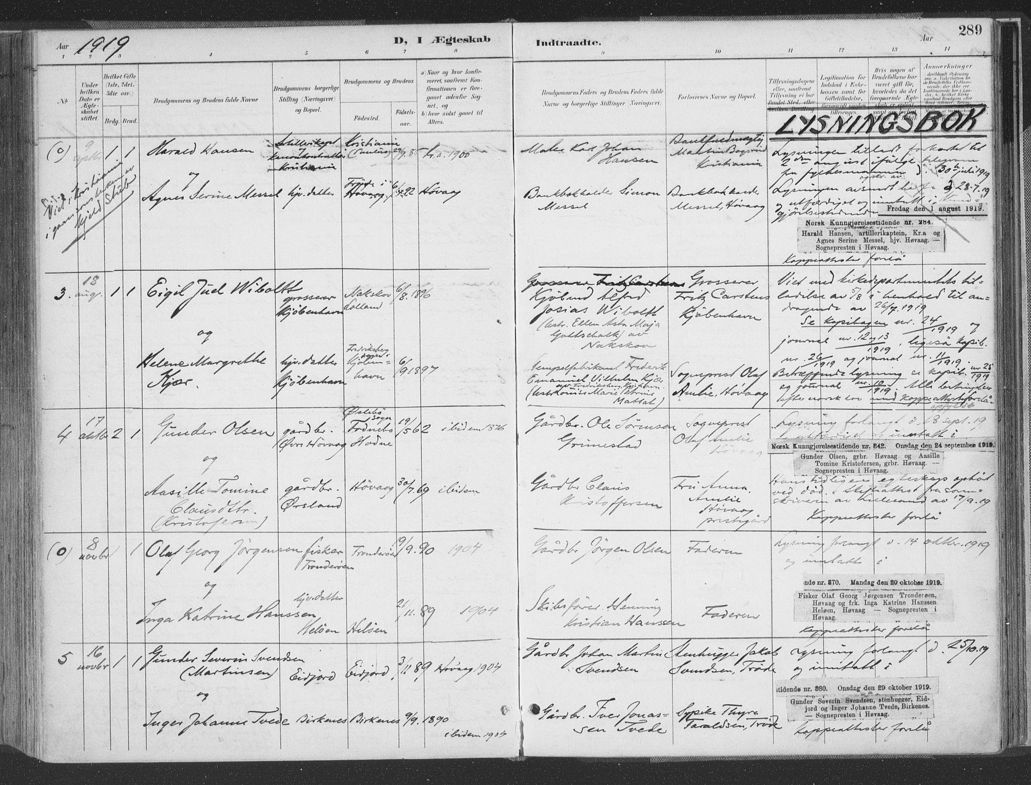 Høvåg sokneprestkontor, SAK/1111-0025/F/Fa/L0006: Parish register (official) no. A 6, 1894-1923, p. 289