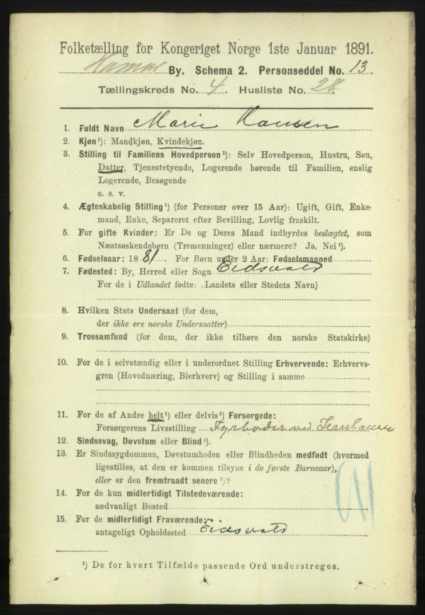 RA, 1891 census for 0401 Hamar, 1891, p. 3330