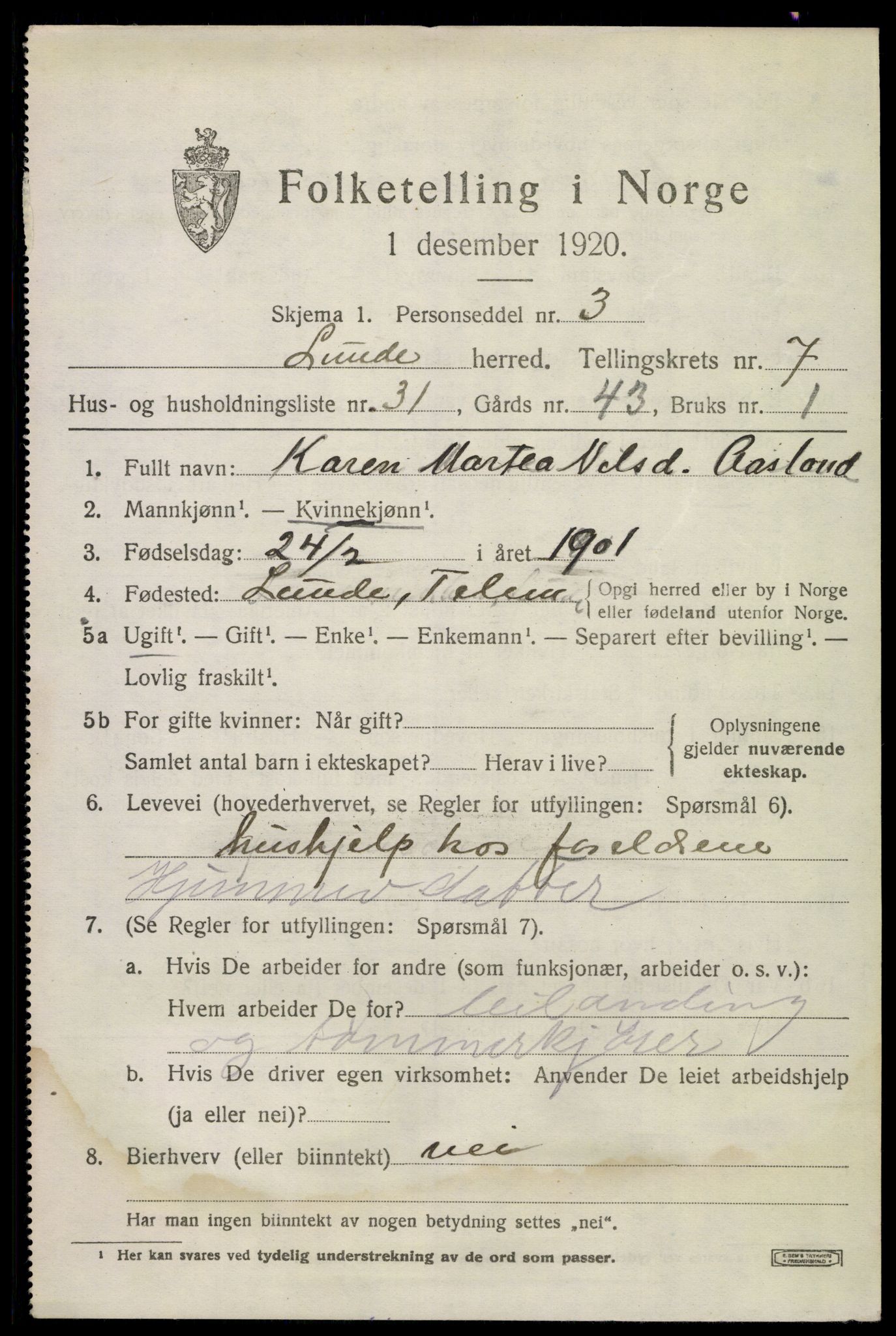 SAKO, 1920 census for Lunde, 1920, p. 5225