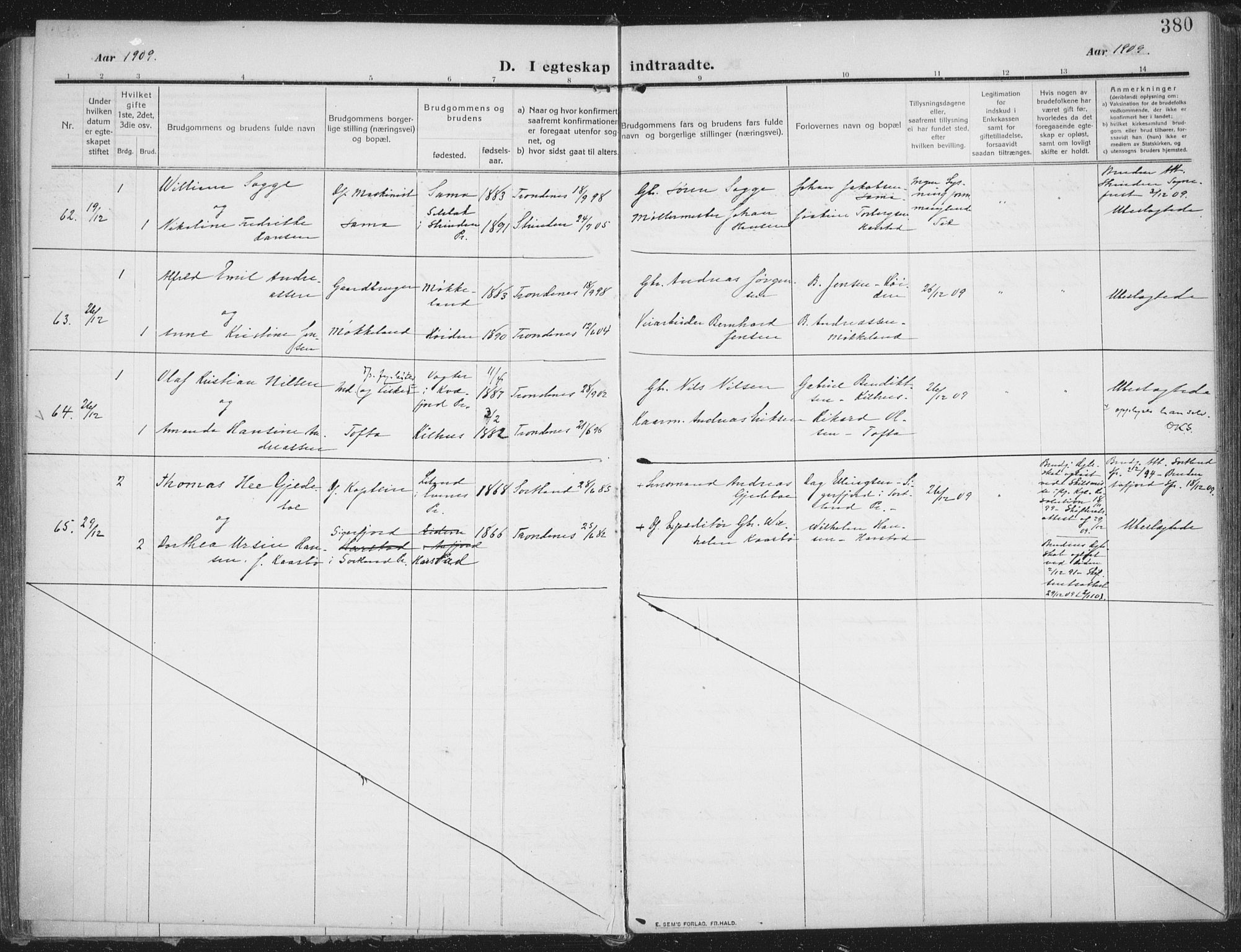 Trondenes sokneprestkontor, AV/SATØ-S-1319/H/Ha/L0018kirke: Parish register (official) no. 18, 1909-1918, p. 380