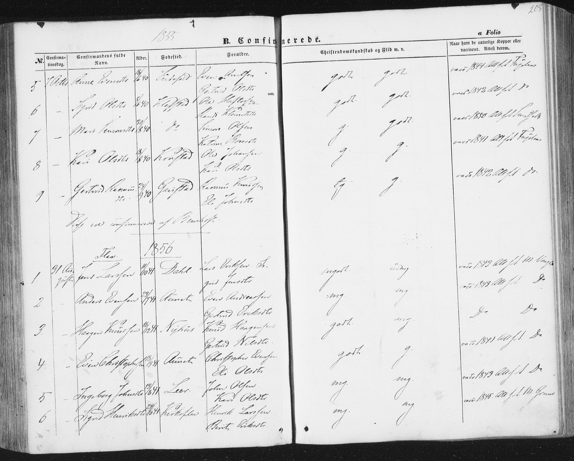 Ministerialprotokoller, klokkerbøker og fødselsregistre - Sør-Trøndelag, SAT/A-1456/691/L1076: Parish register (official) no. 691A08, 1852-1861, p. 208