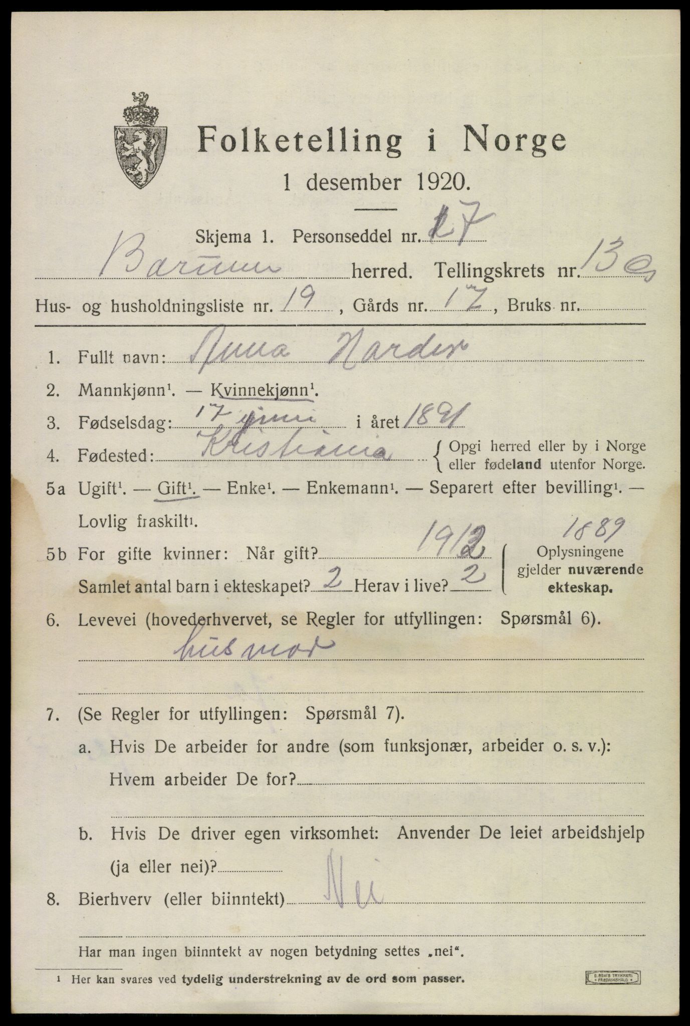 SAO, 1920 census for Bærum, 1920, p. 40224