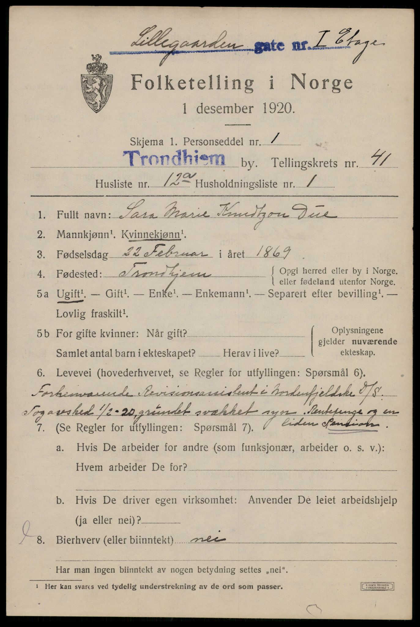 SAT, 1920 census for Trondheim, 1920, p. 91102