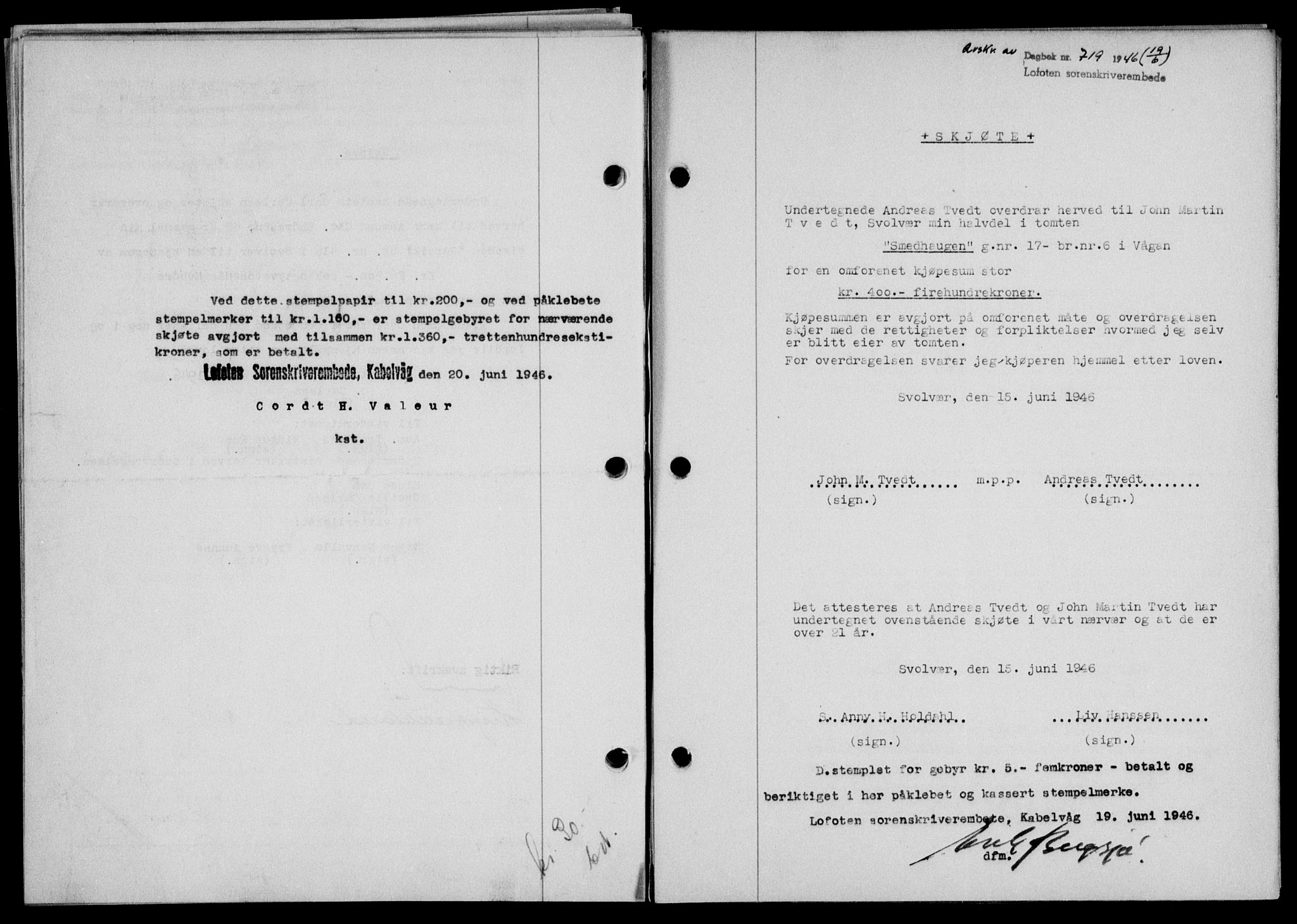 Lofoten sorenskriveri, SAT/A-0017/1/2/2C/L0014a: Mortgage book no. 14a, 1946-1946, Diary no: : 719/1946