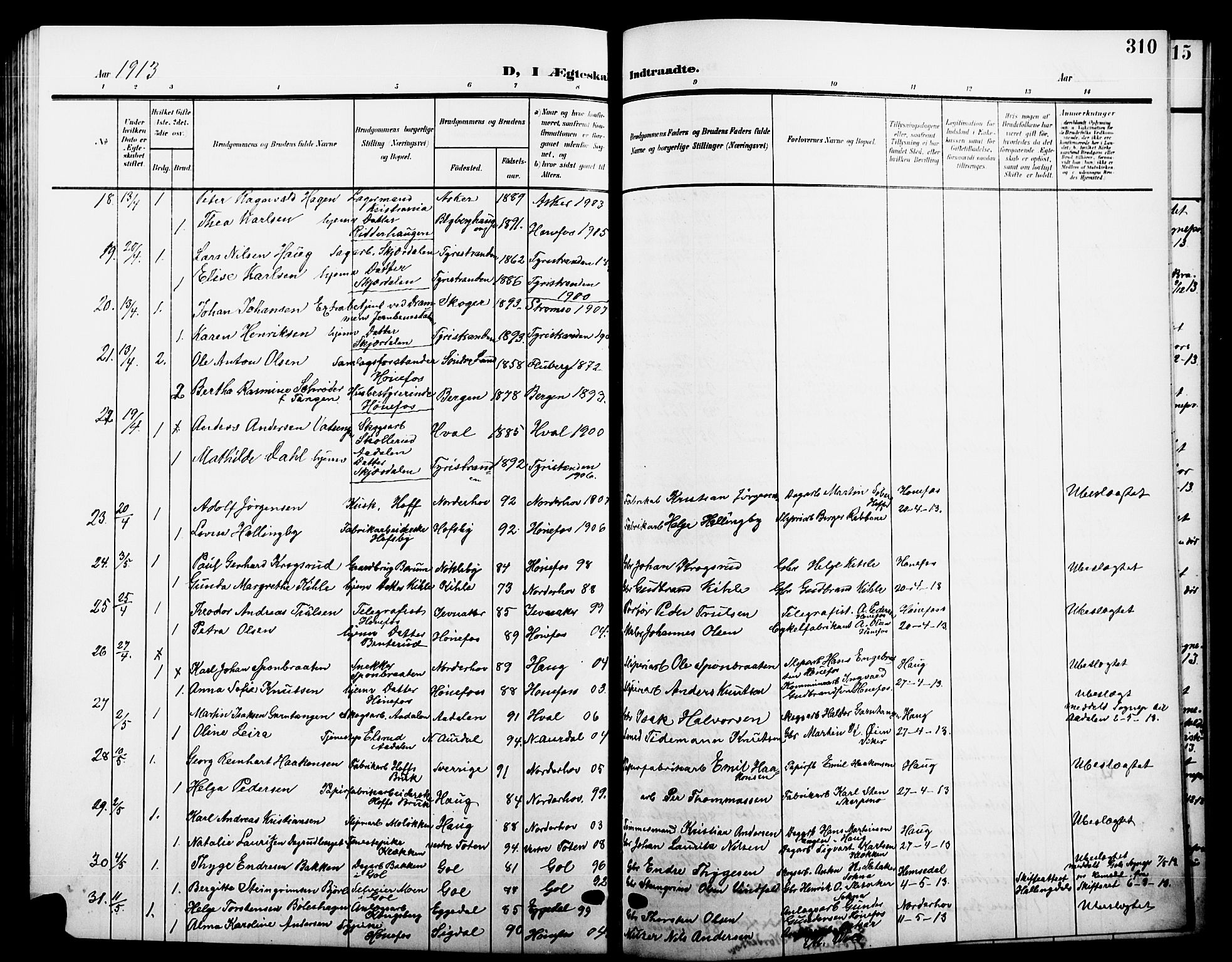 Hønefoss kirkebøker, SAKO/A-609/G/Ga/L0003: Parish register (copy) no. 3, 1905-1925, p. 310