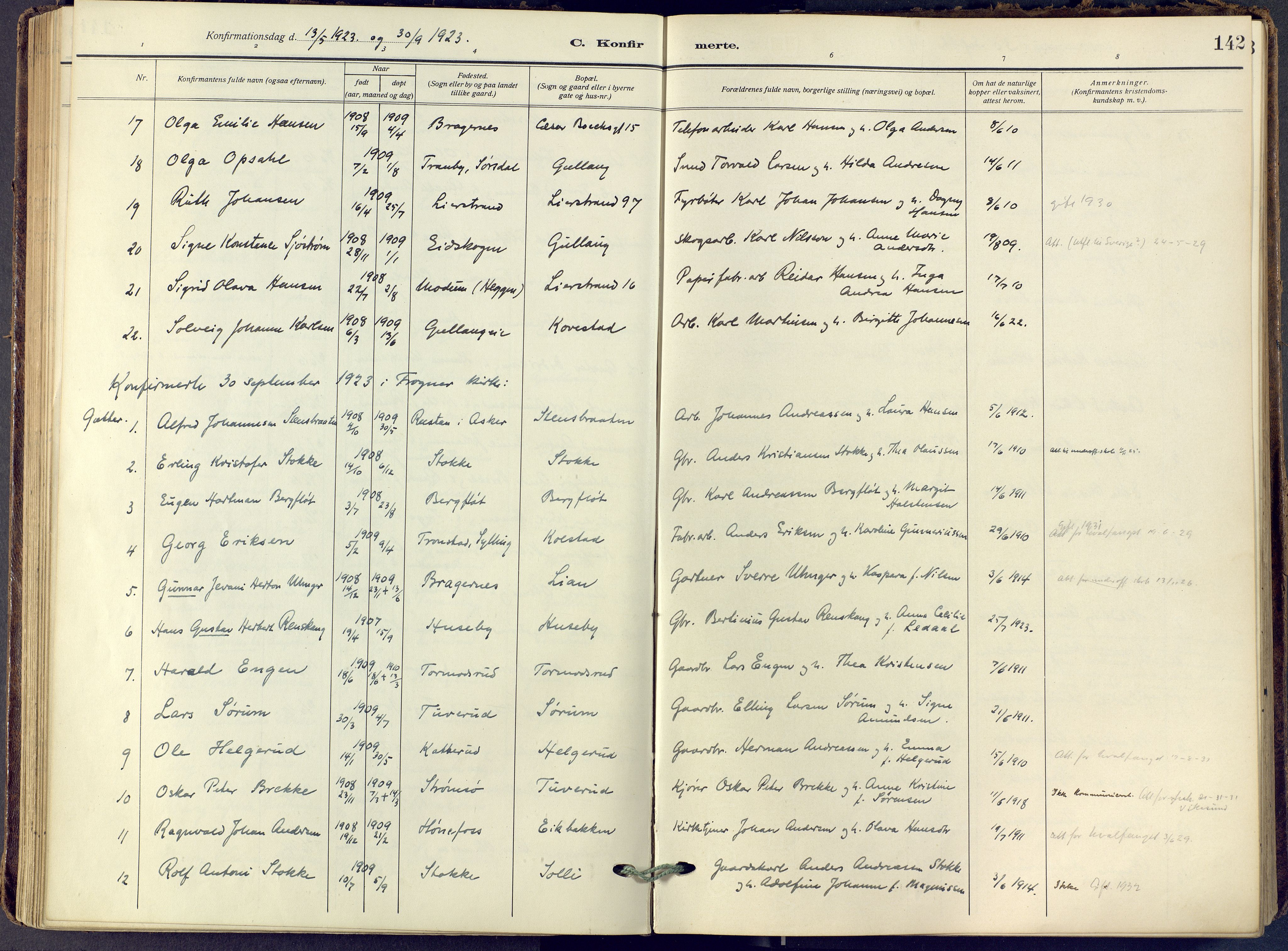 Lier kirkebøker, SAKO/A-230/F/Fa/L0019: Parish register (official) no. I 19, 1918-1928, p. 142