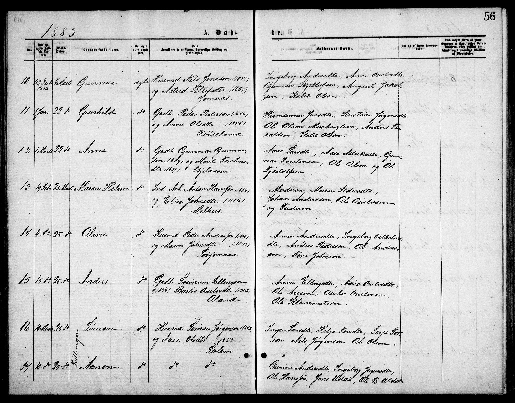 Froland sokneprestkontor, SAK/1111-0013/F/Fb/L0009: Parish register (copy) no. B 9, 1875-1893, p. 56