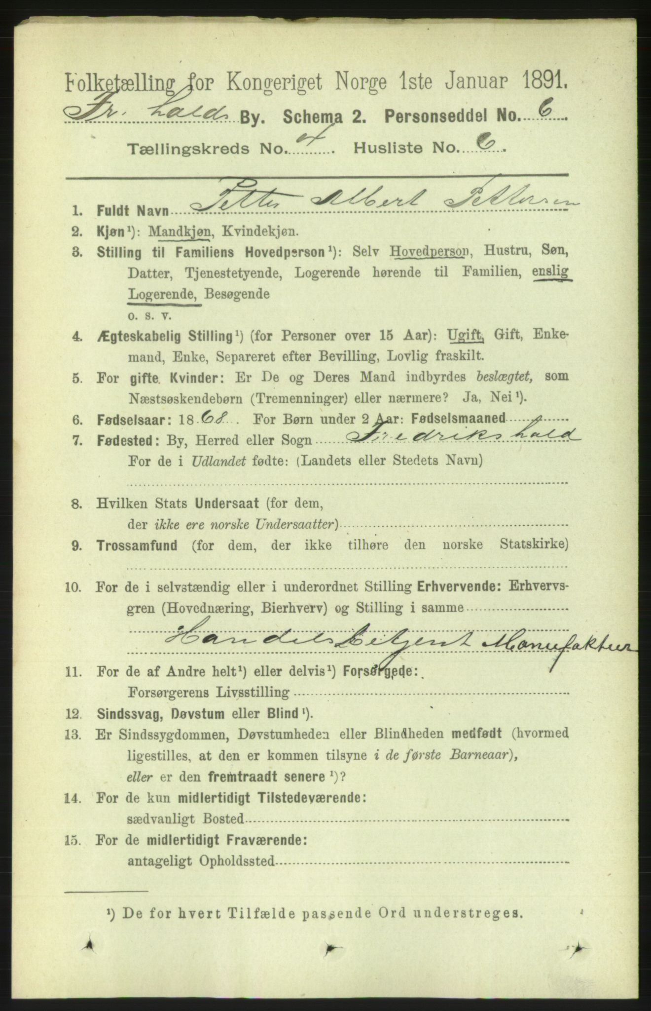 RA, 1891 census for 0101 Fredrikshald, 1891, p. 3796