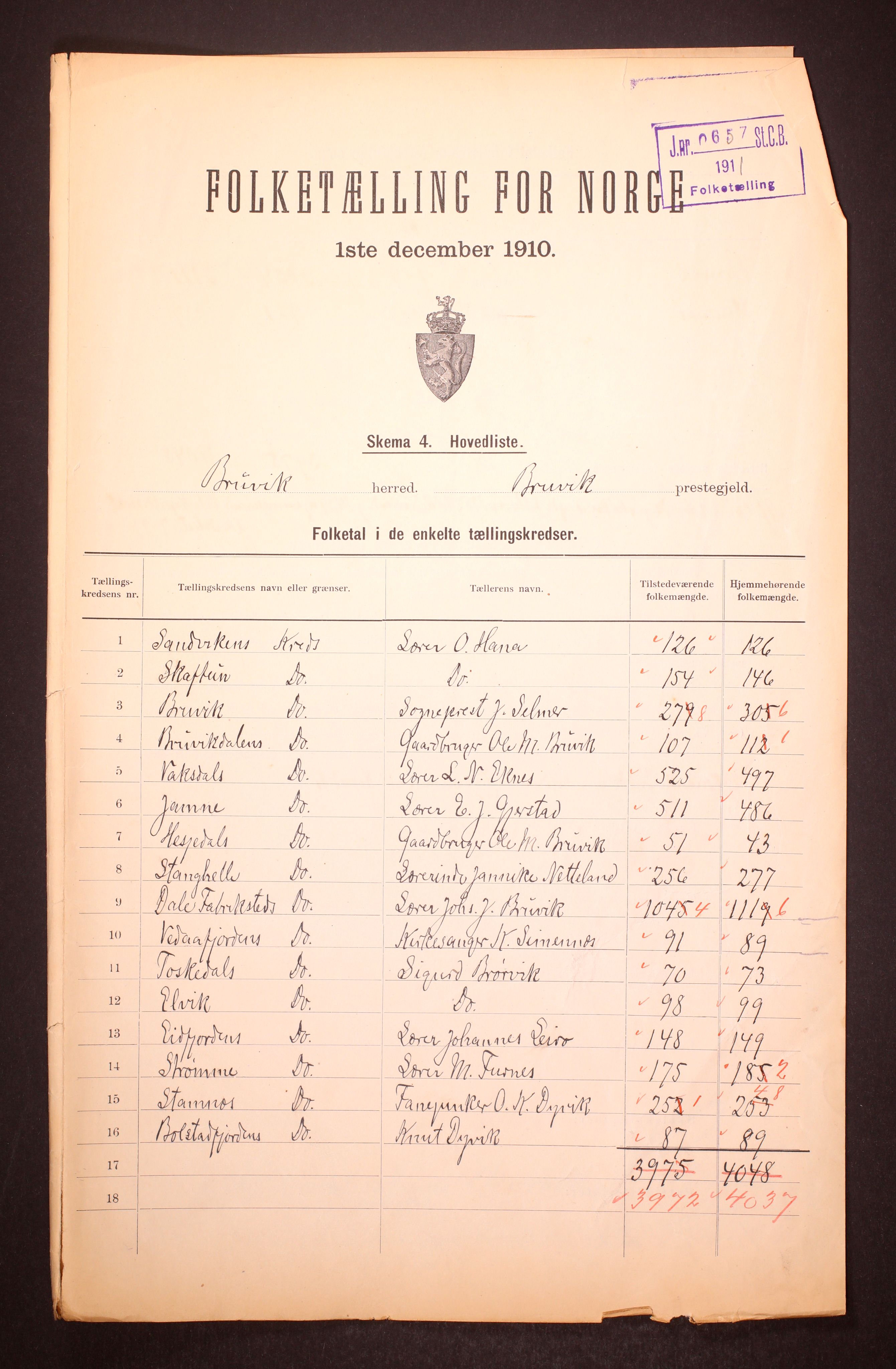 RA, 1910 census for Bruvik, 1910, p. 2