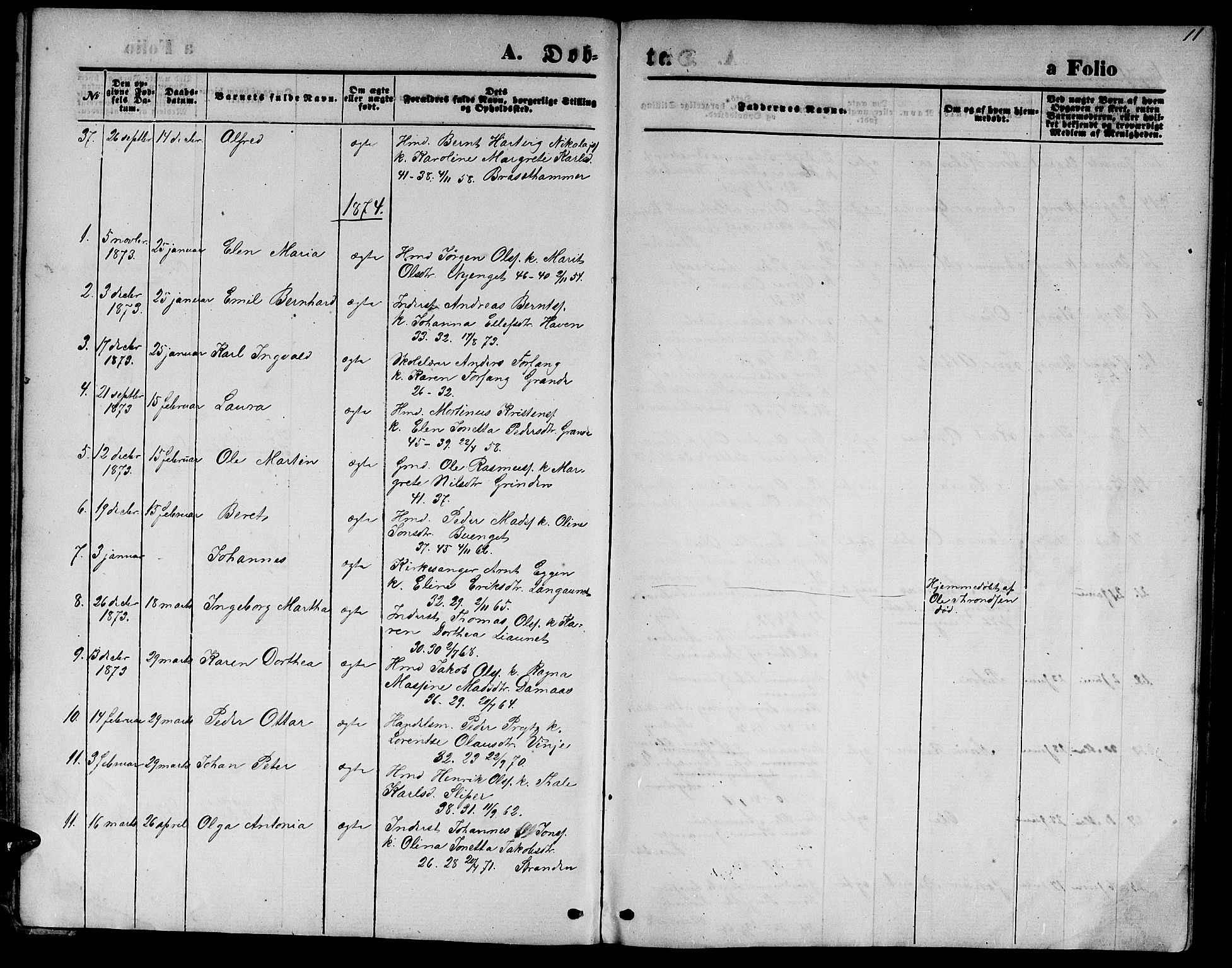 Ministerialprotokoller, klokkerbøker og fødselsregistre - Nord-Trøndelag, SAT/A-1458/733/L0326: Parish register (copy) no. 733C01, 1871-1887, p. 11