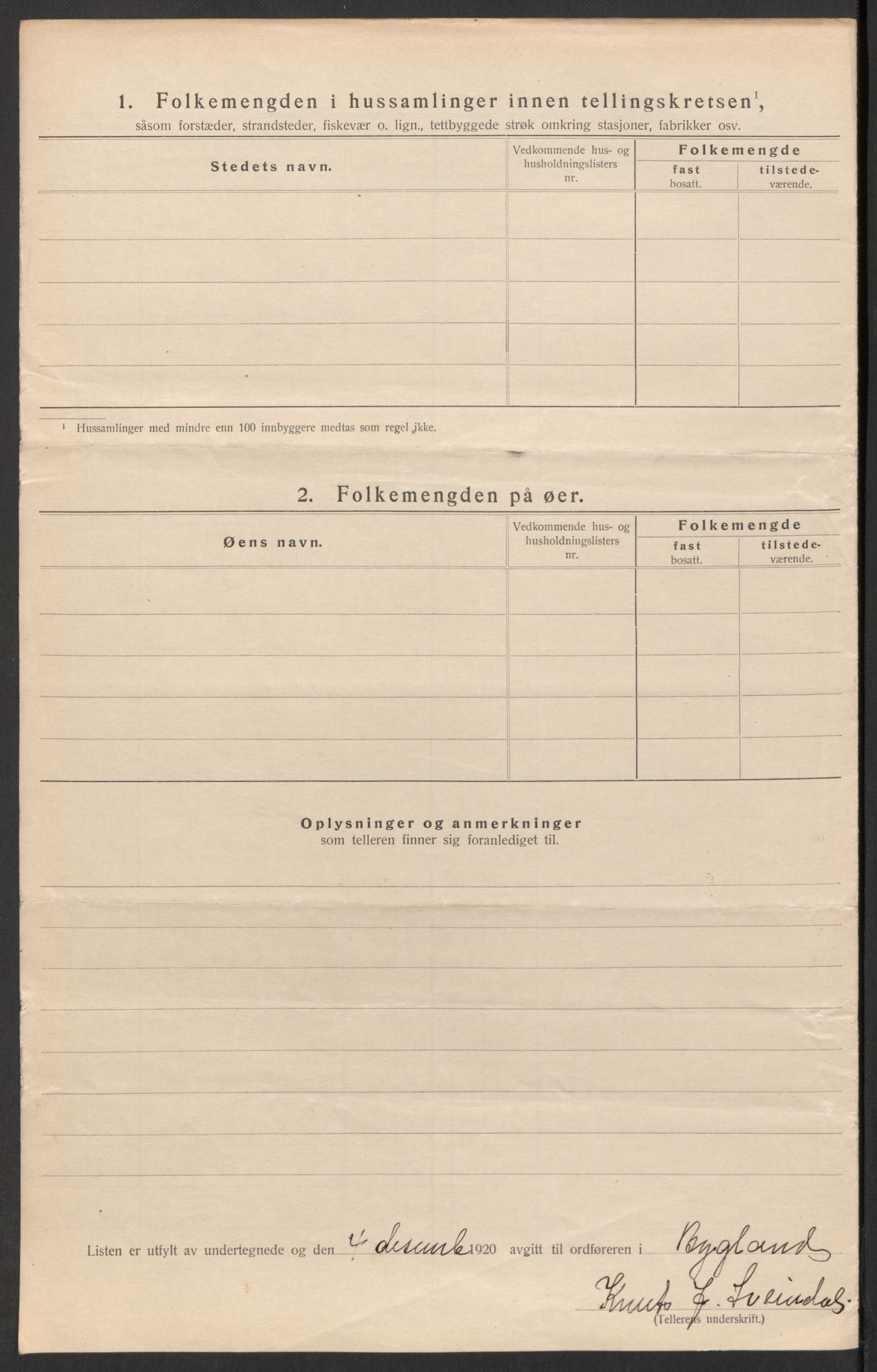 SAK, 1920 census for Bygland, 1920, p. 20