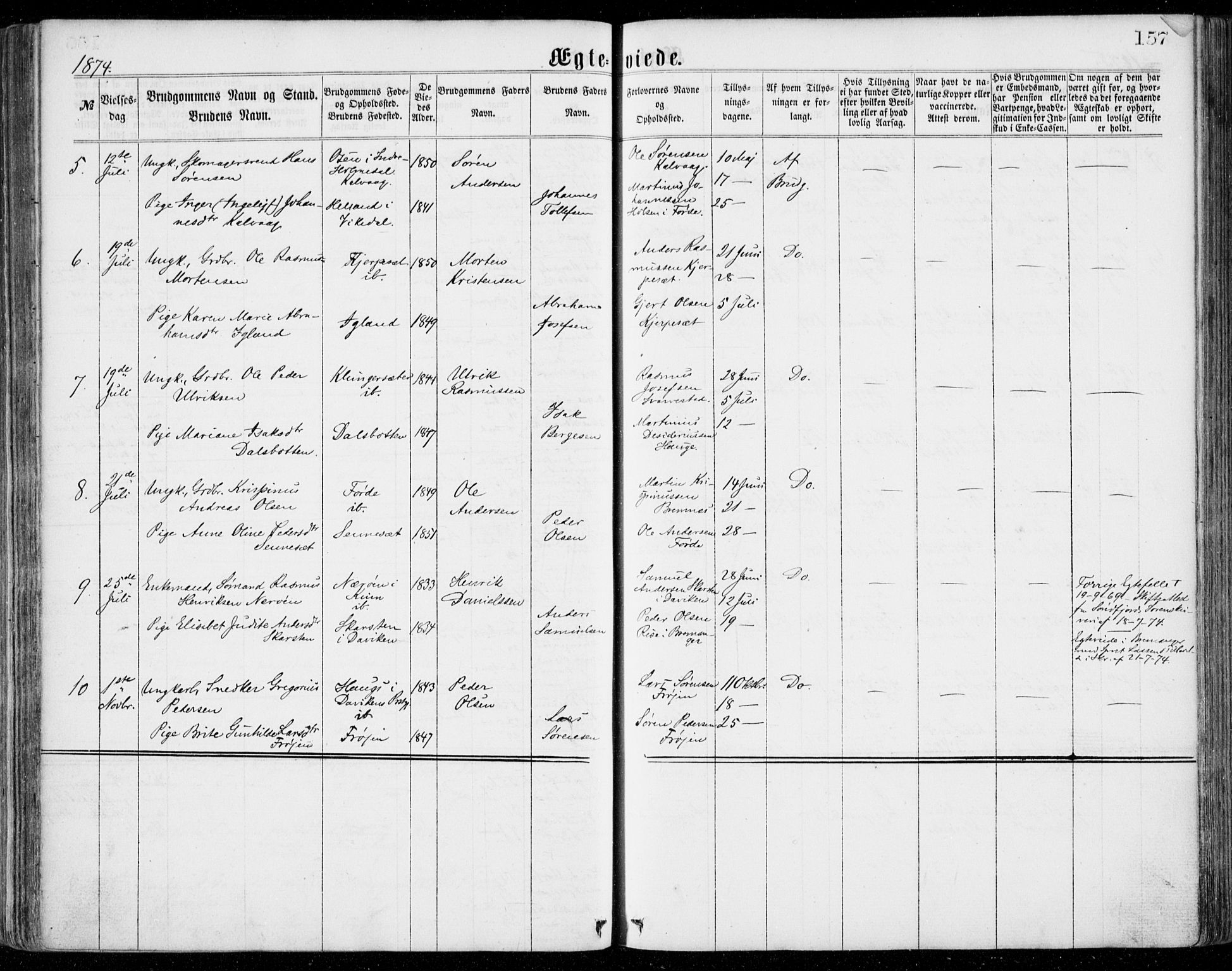 Bremanger sokneprestembete, AV/SAB-A-82201/H/Haa/Haaa/L0001: Parish register (official) no. A  1, 1864-1883, p. 157