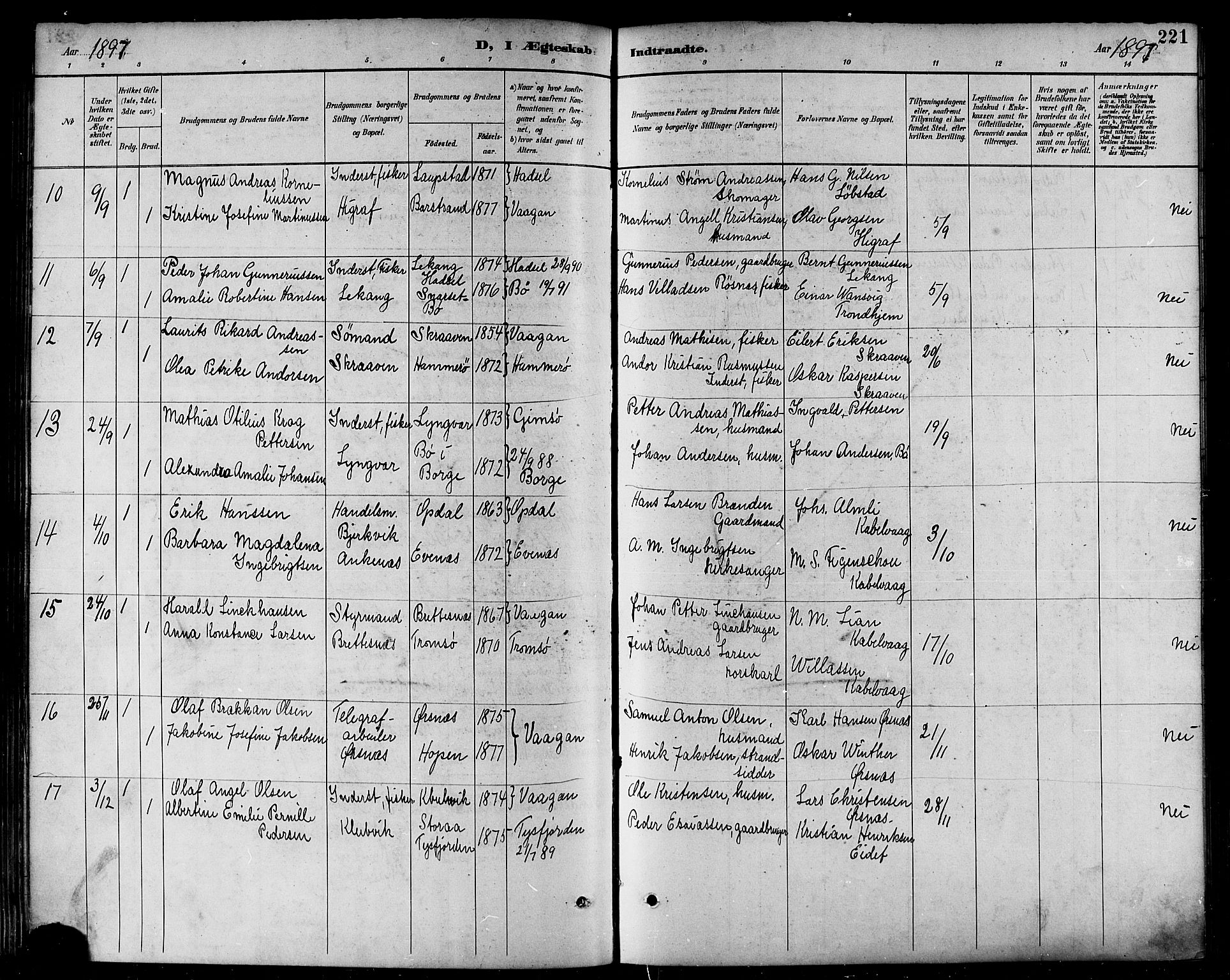 Ministerialprotokoller, klokkerbøker og fødselsregistre - Nordland, SAT/A-1459/874/L1060: Parish register (official) no. 874A04, 1890-1899, p. 221