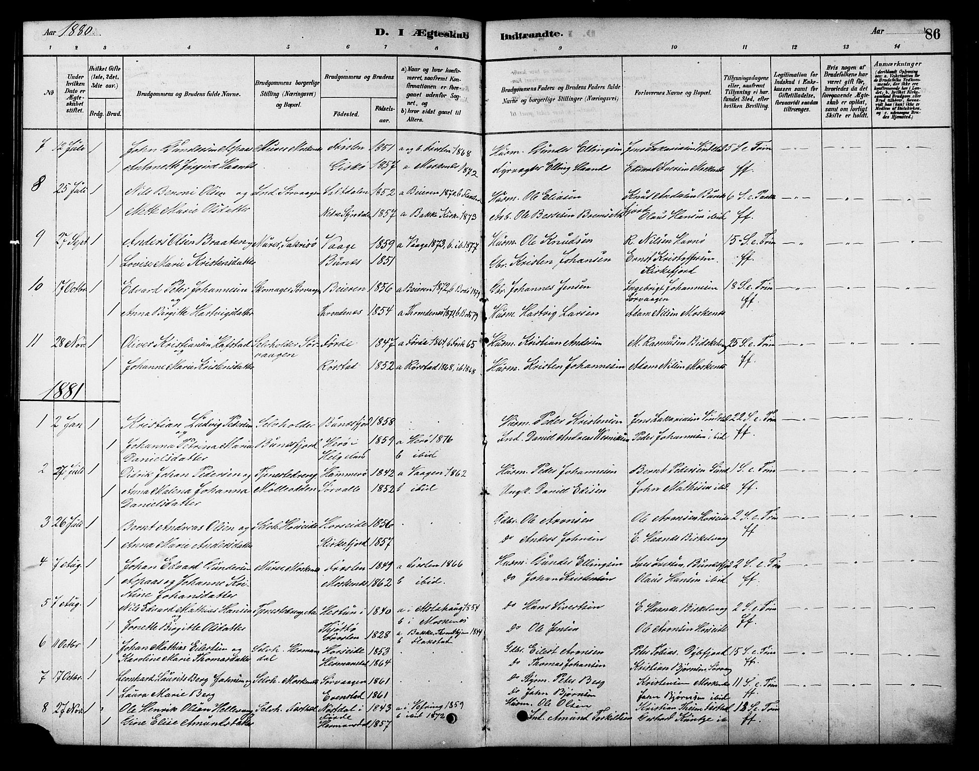 Ministerialprotokoller, klokkerbøker og fødselsregistre - Nordland, AV/SAT-A-1459/886/L1219: Parish register (official) no. 886A01, 1878-1892, p. 86