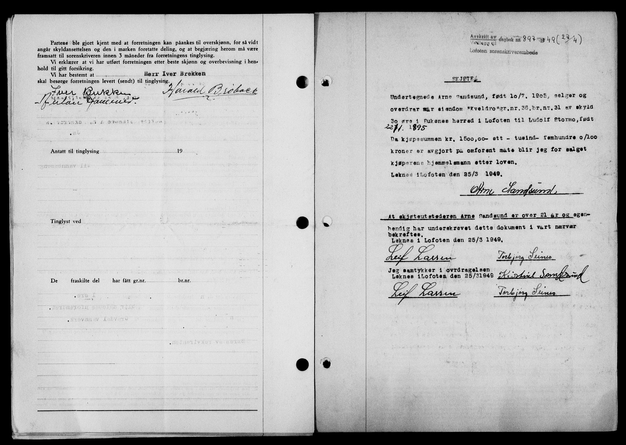 Lofoten sorenskriveri, SAT/A-0017/1/2/2C/L0020a: Mortgage book no. 20a, 1948-1949, Diary no: : 897/1949