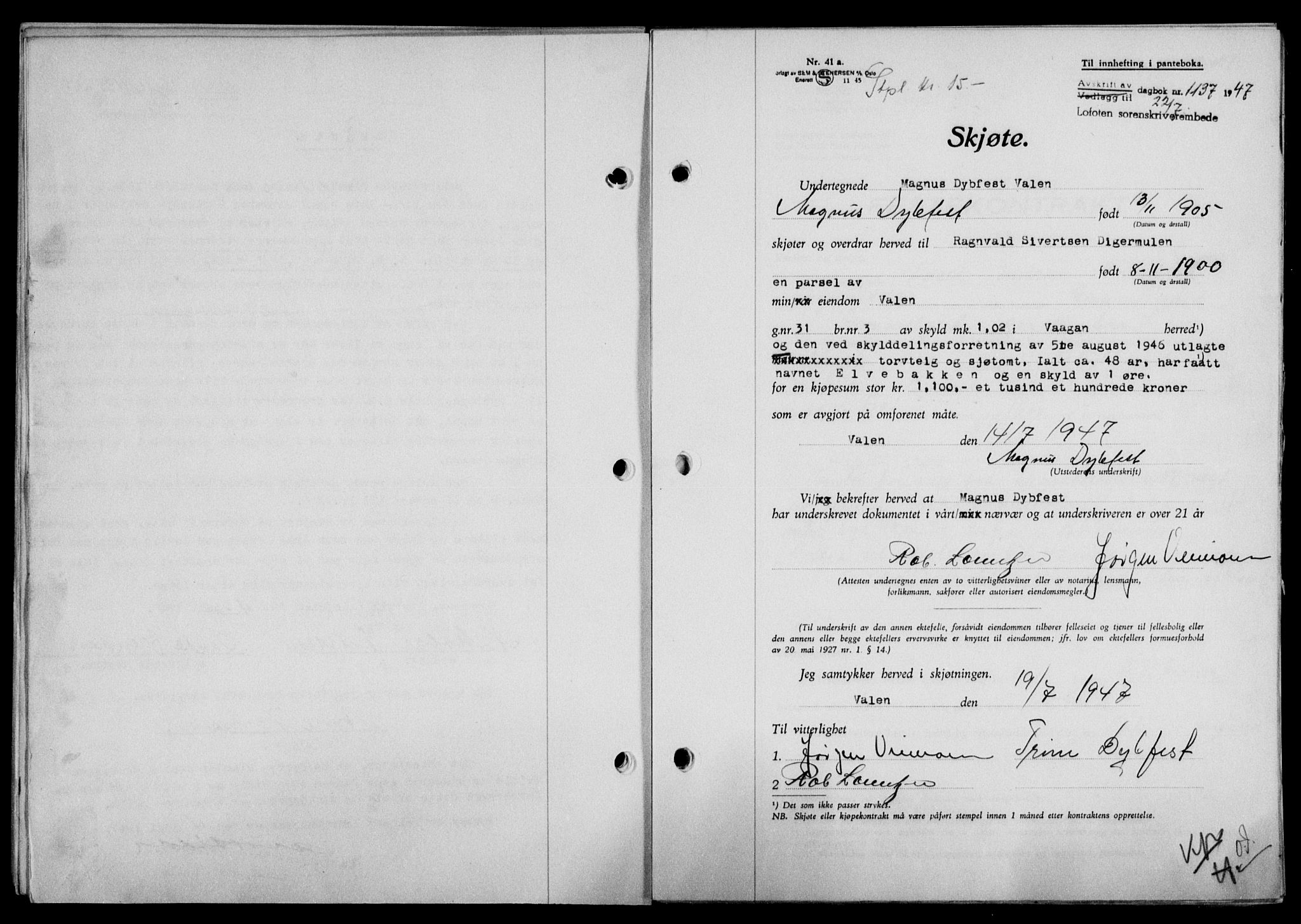 Lofoten sorenskriveri, SAT/A-0017/1/2/2C/L0016a: Mortgage book no. 16a, 1947-1947, Diary no: : 1137/1947