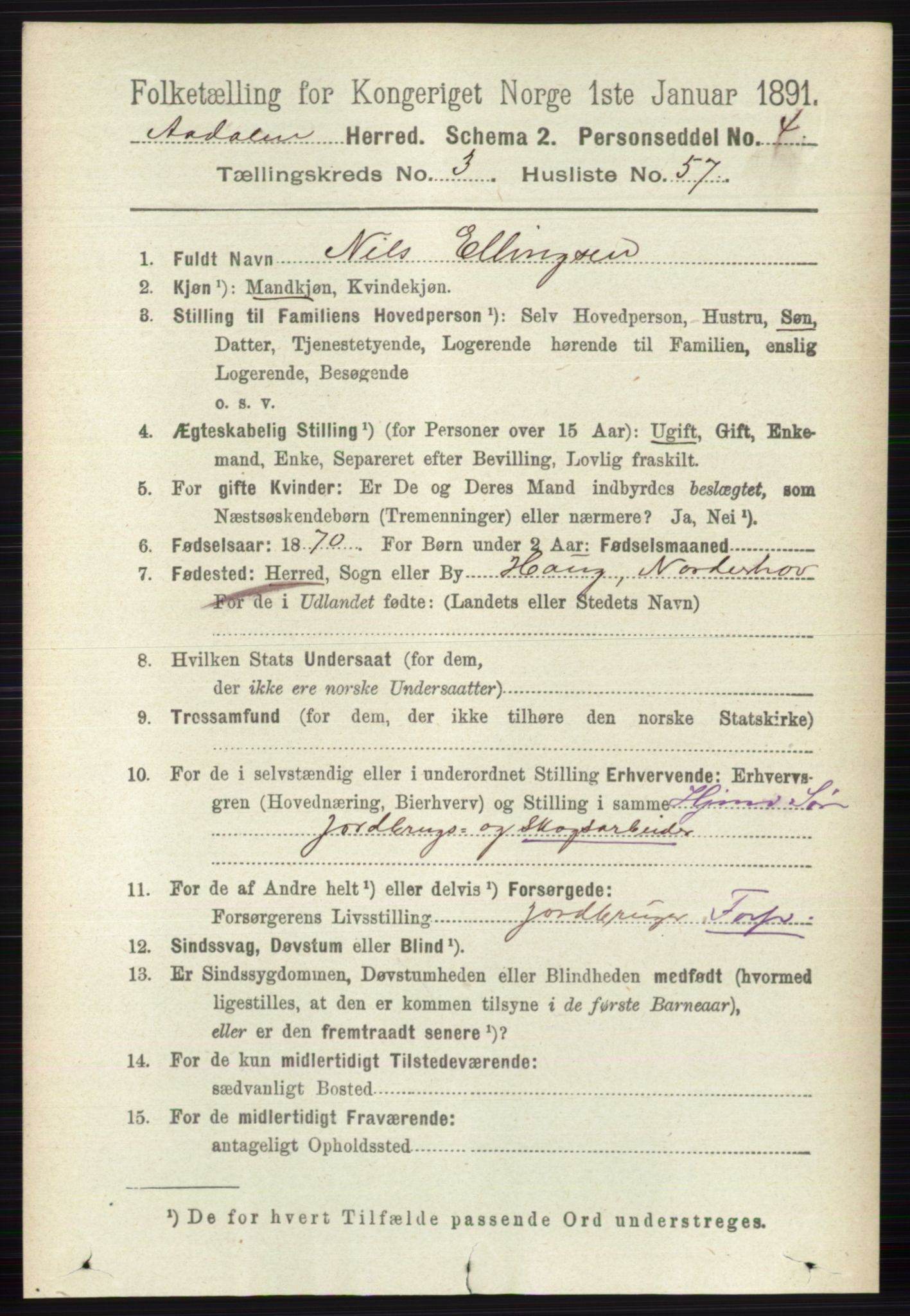 RA, 1891 census for 0614 Ådal, 1891, p. 1431