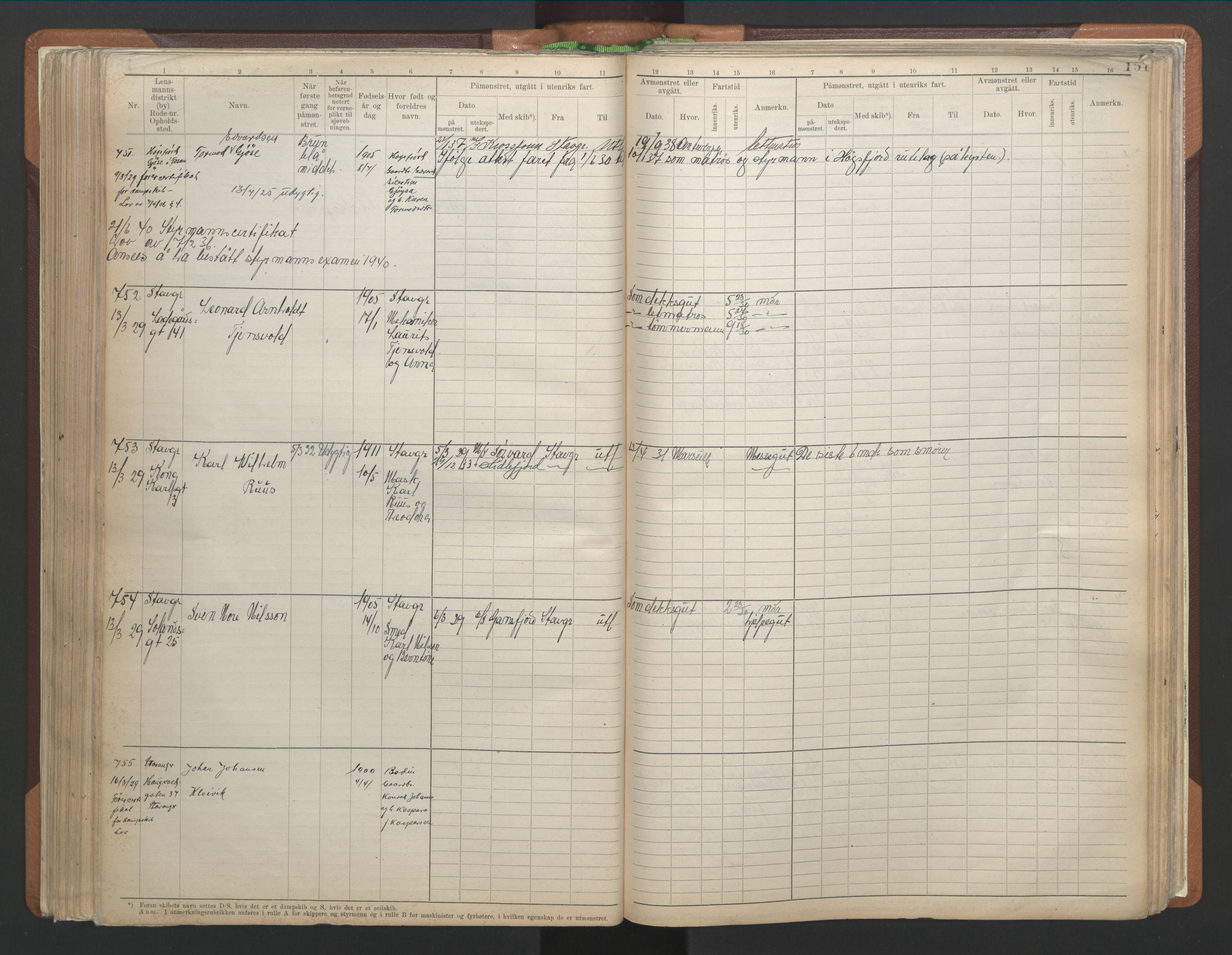 Stavanger sjømannskontor, AV/SAST-A-102006/F/Fb/Fbb/L0013: Sjøfartshovedrulle A, patentnr. 1-1495 (del 1), 1921-1933, p. 157