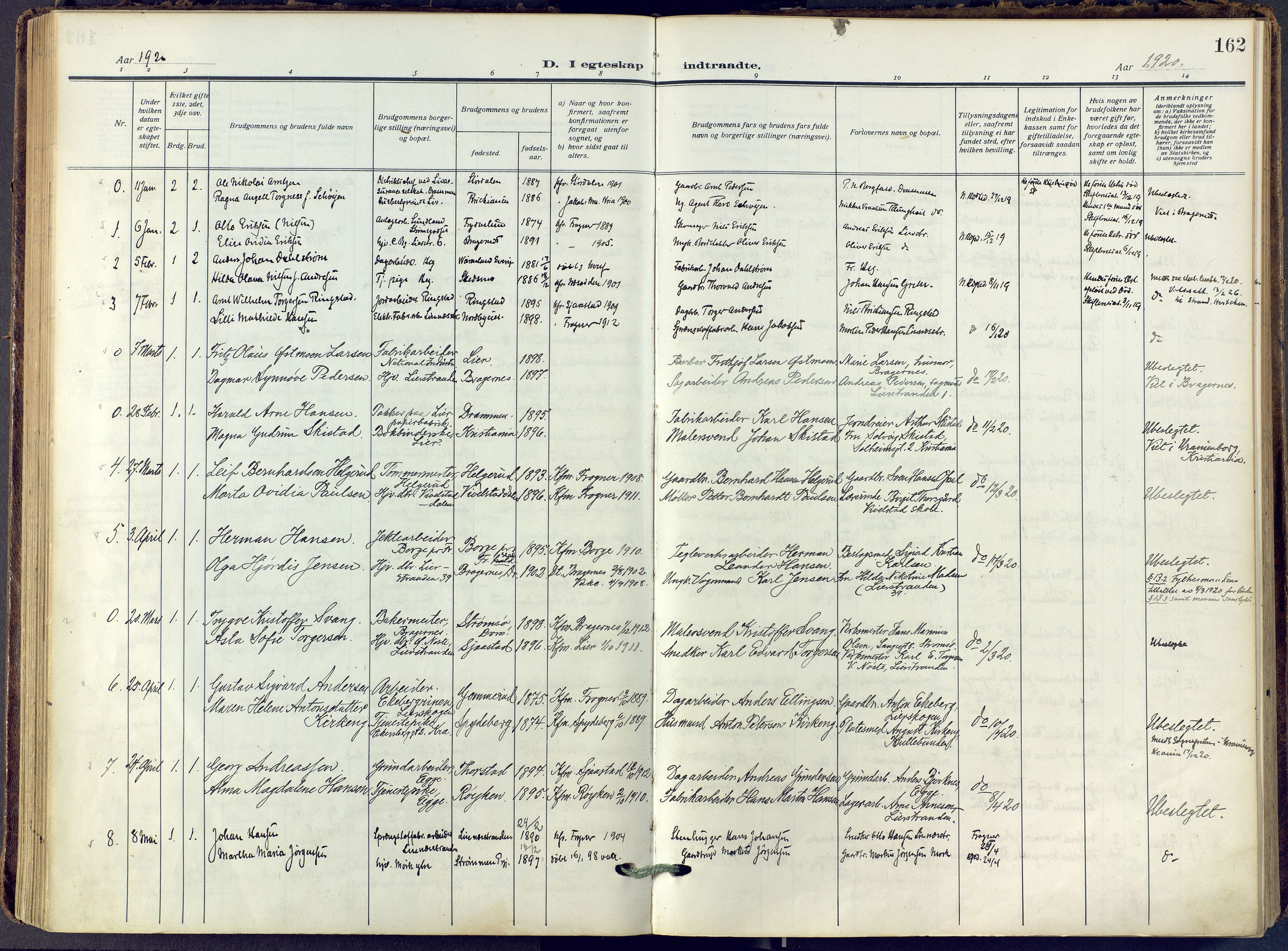 Lier kirkebøker, SAKO/A-230/F/Fa/L0019: Parish register (official) no. I 19, 1918-1928, p. 162