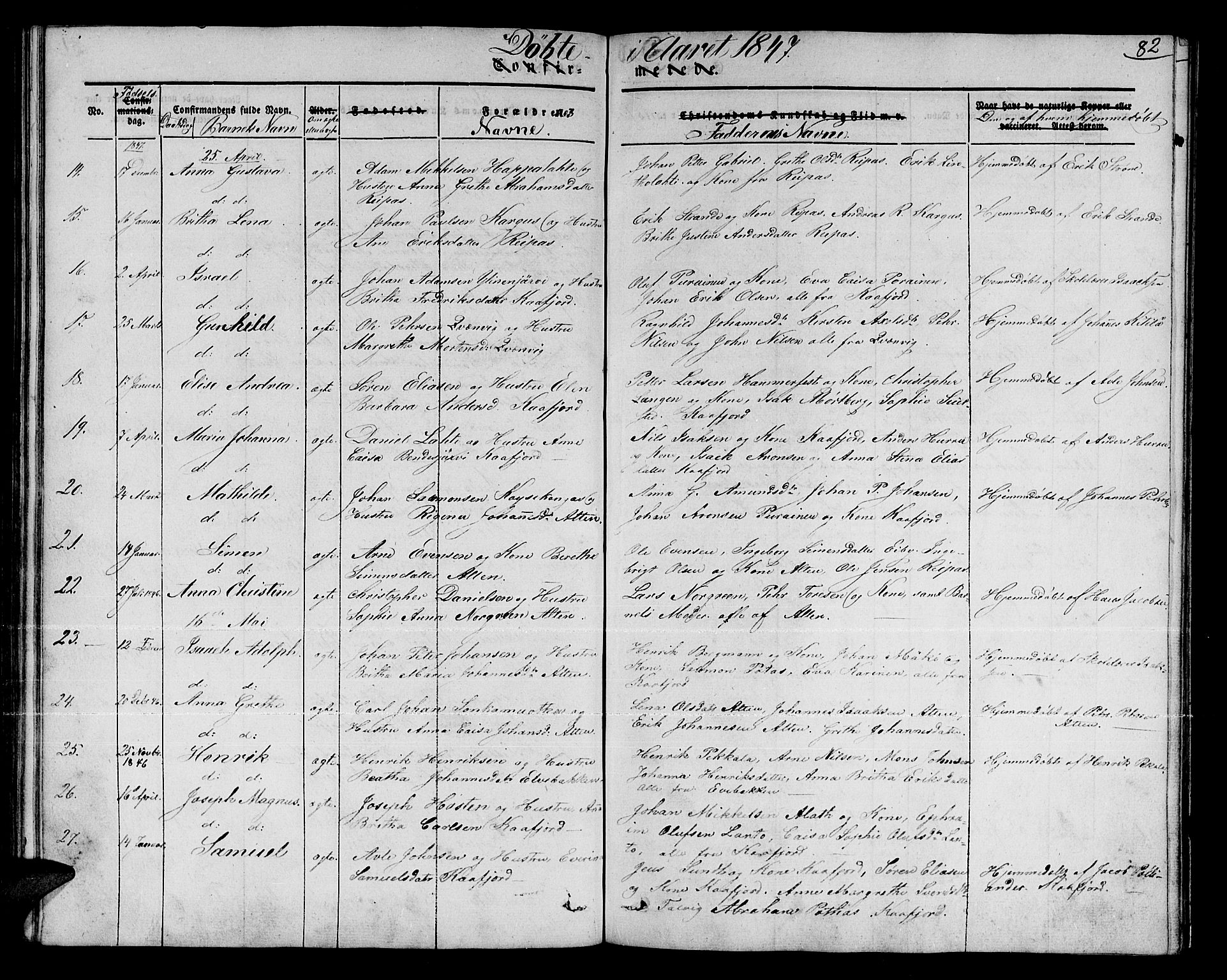 Talvik sokneprestkontor, SATØ/S-1337/H/Ha/L0015kirke: Parish register (official) no. 15, 1837-1847, p. 82
