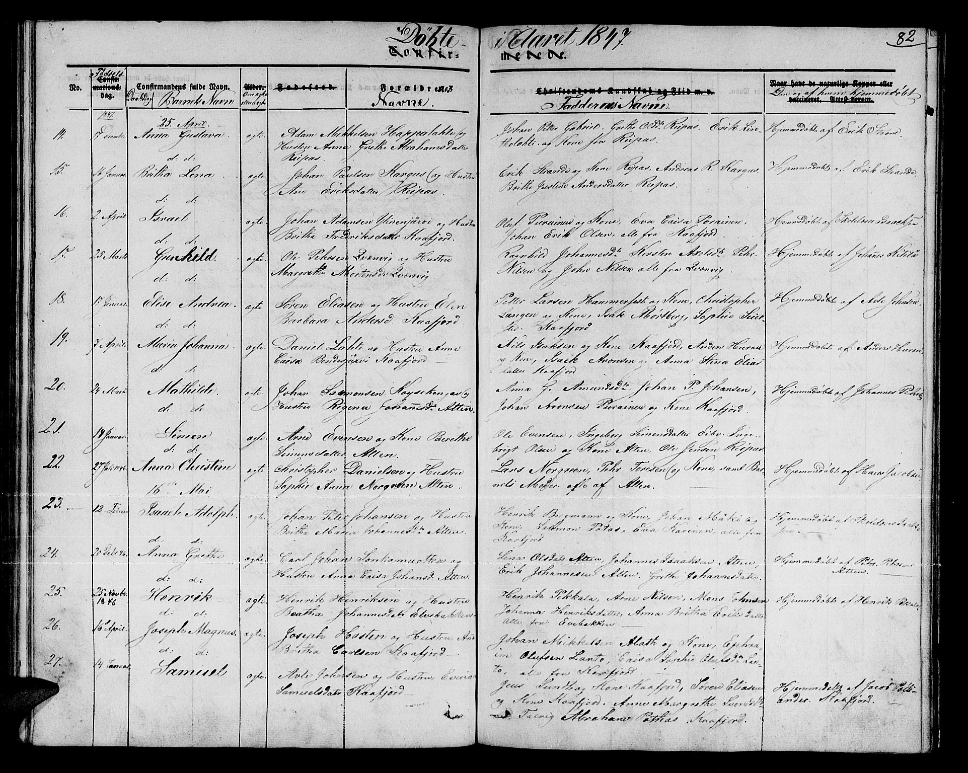 Talvik sokneprestkontor, AV/SATØ-S-1337/H/Ha/L0015kirke: Parish register (official) no. 15, 1837-1847, p. 82