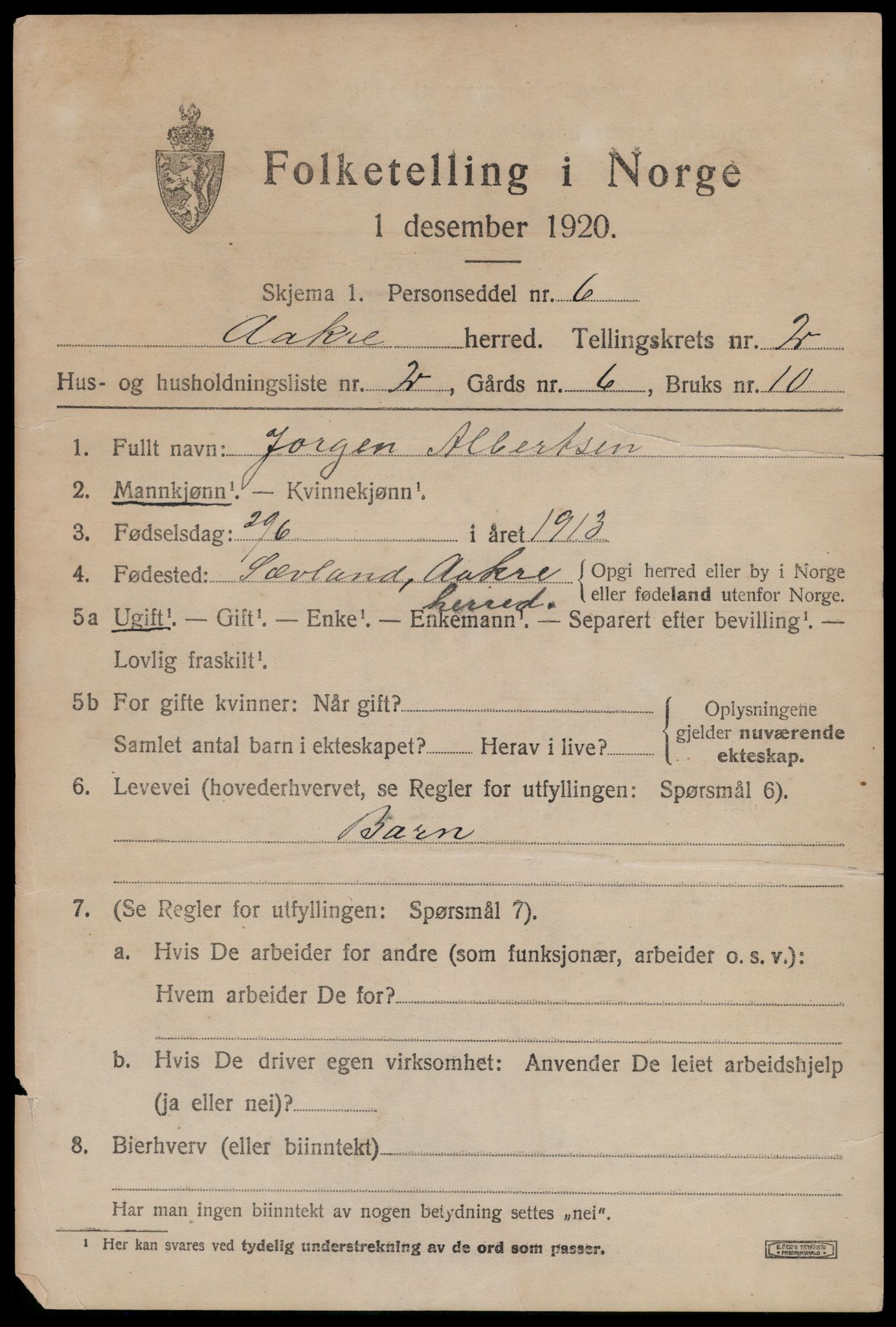 SAST, 1920 census for Åkra, 1920, p. 2970