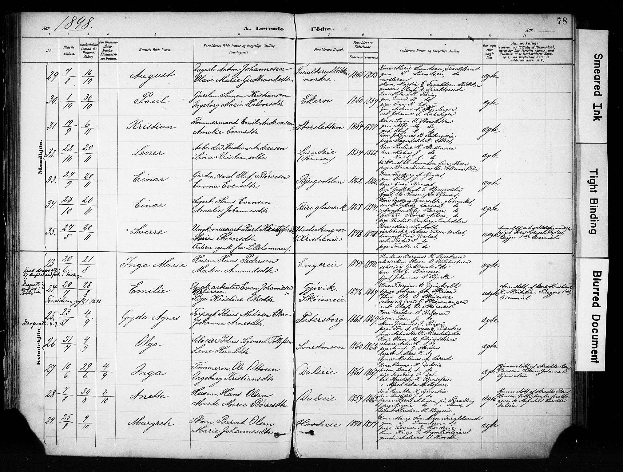 Biri prestekontor, SAH/PREST-096/H/Ha/Haa/L0009: Parish register (official) no. 9, 1887-1900, p. 78
