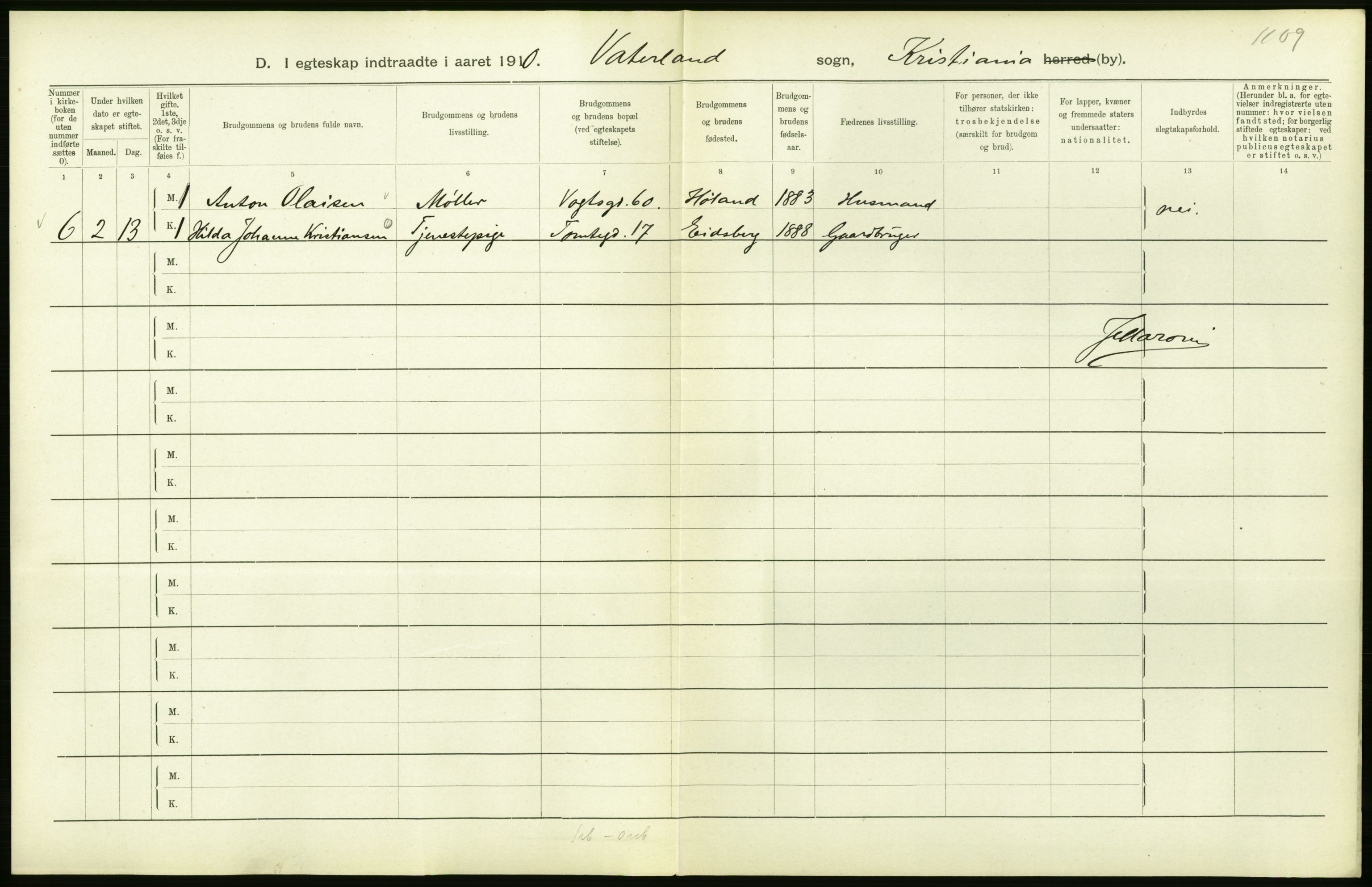 Statistisk sentralbyrå, Sosiodemografiske emner, Befolkning, AV/RA-S-2228/D/Df/Dfa/Dfah/L0009: Kristiania: Gifte og dødfødte., 1910, p. 4