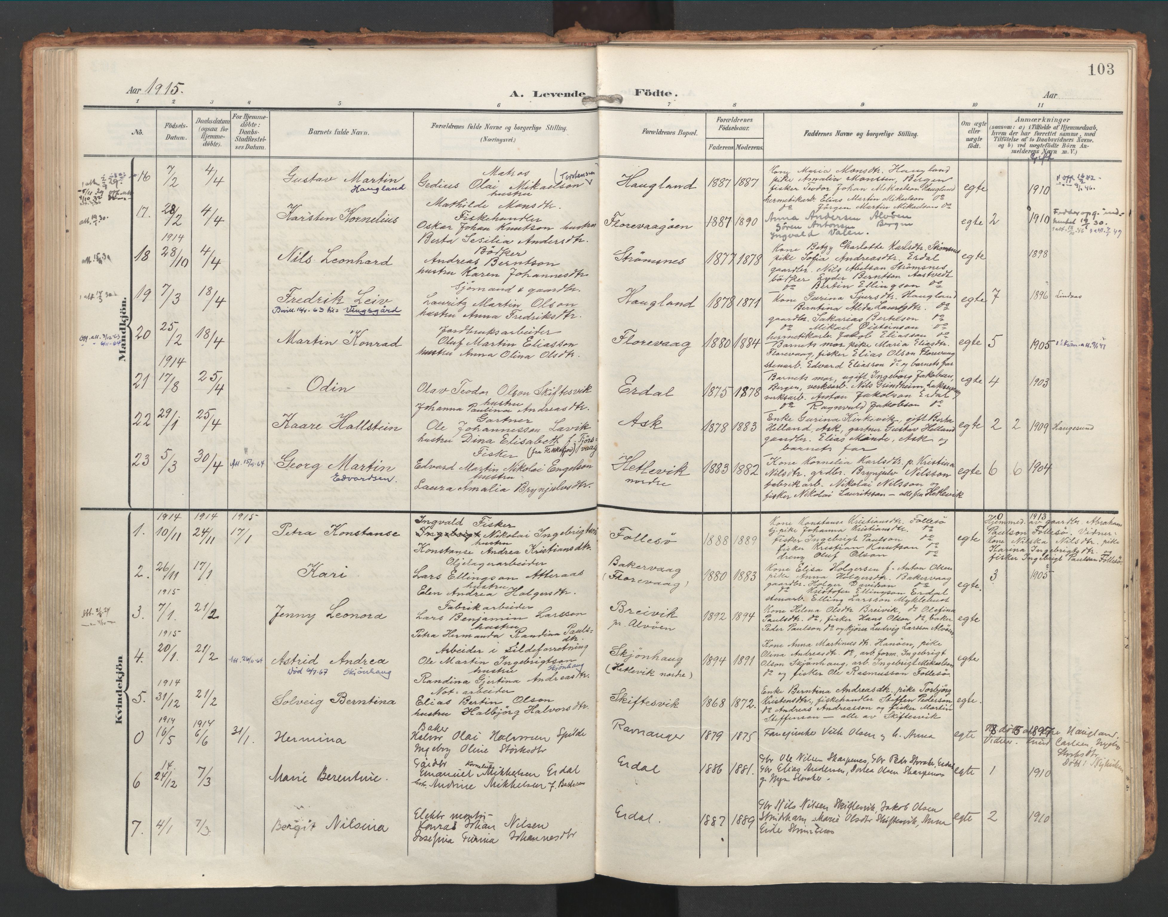 Askøy Sokneprestembete, AV/SAB-A-74101/H/Ha/Haa/Haac/L0002: Parish register (official) no. C 2, 1905-1922, p. 103