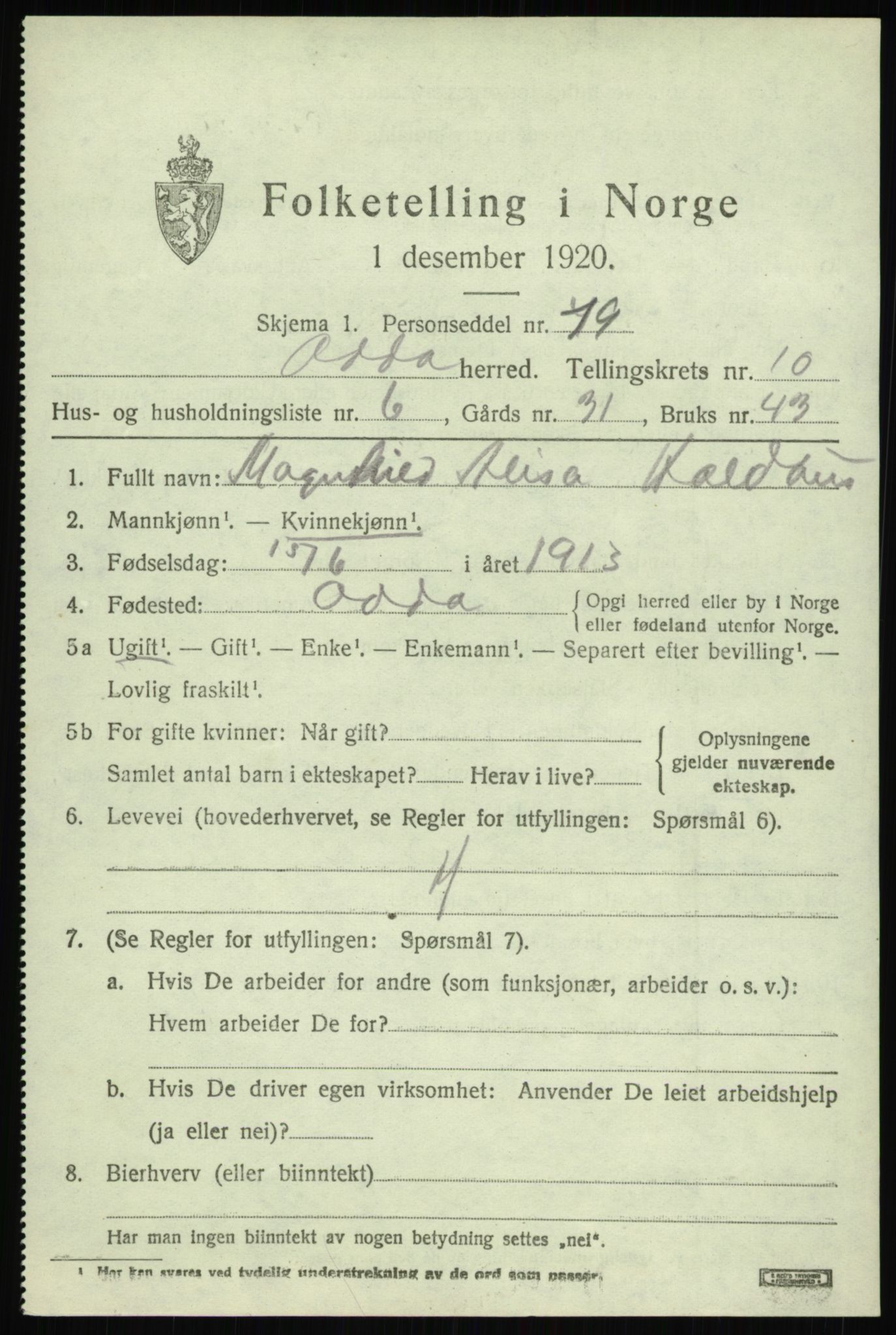 SAB, 1920 census for Odda, 1920, p. 9673