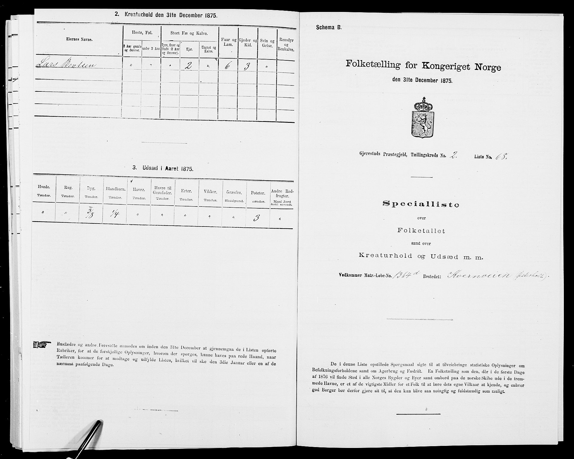 SAK, 1875 census for 0911P Gjerstad, 1875, p. 276