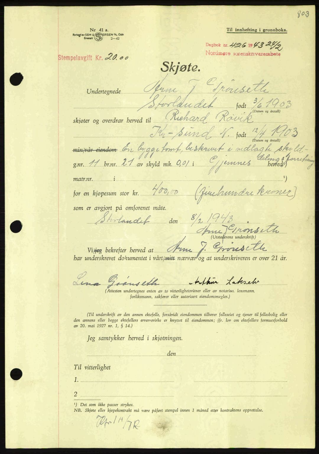 Nordmøre sorenskriveri, AV/SAT-A-4132/1/2/2Ca: Mortgage book no. A94, 1942-1943, Diary no: : 426/1943