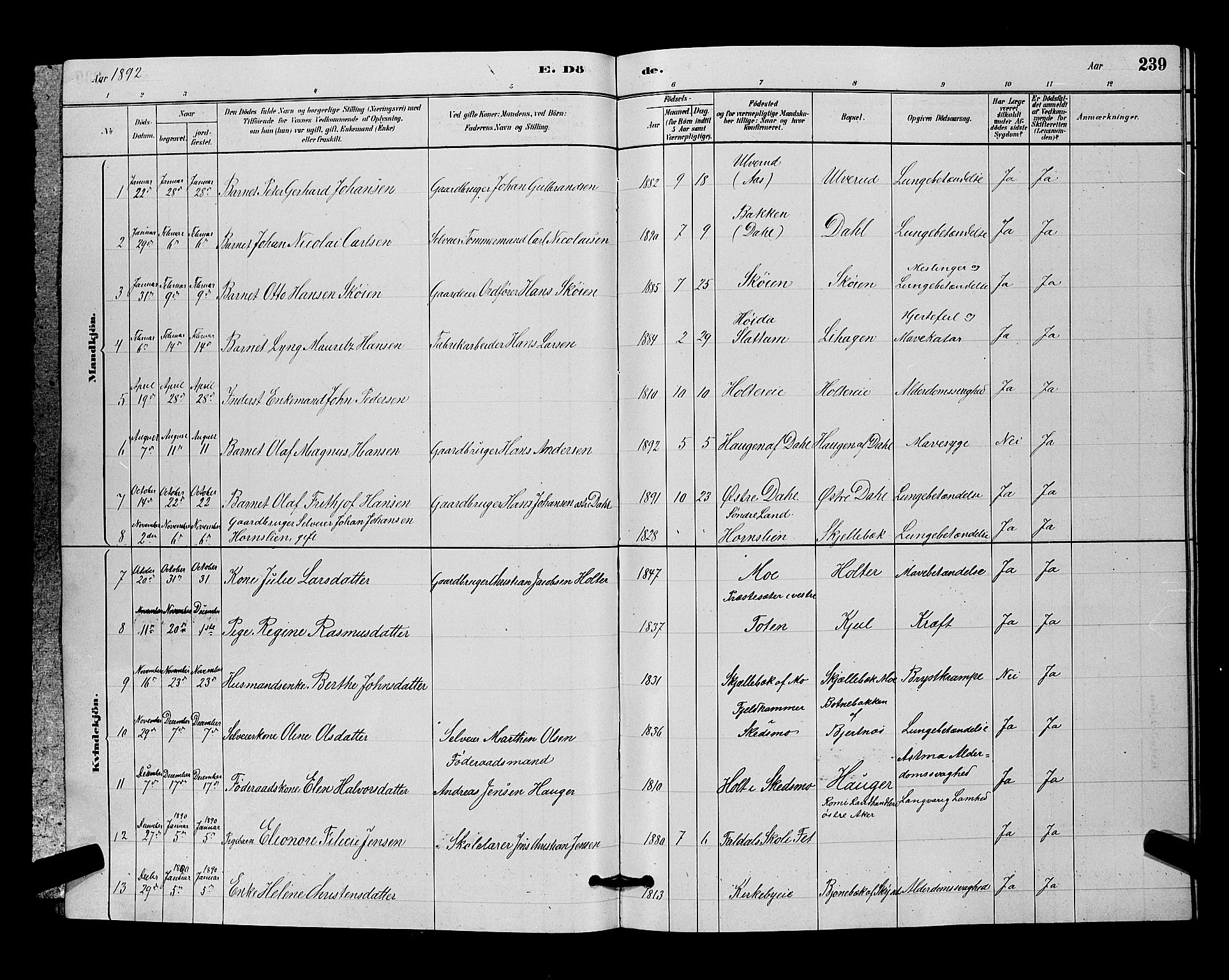 Nittedal prestekontor Kirkebøker, SAO/A-10365a/G/Ga/L0002: Parish register (copy) no. I 2, 1879-1901, p. 239