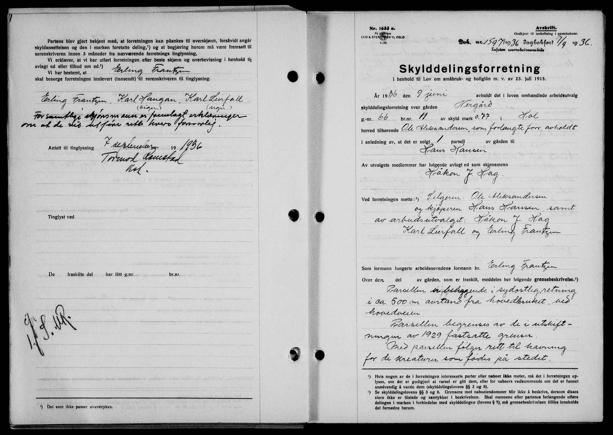 Lofoten sorenskriveri, SAT/A-0017/1/2/2C/L0001a: Mortgage book no. 1a, 1936-1937, Diary no: : 1597/1936