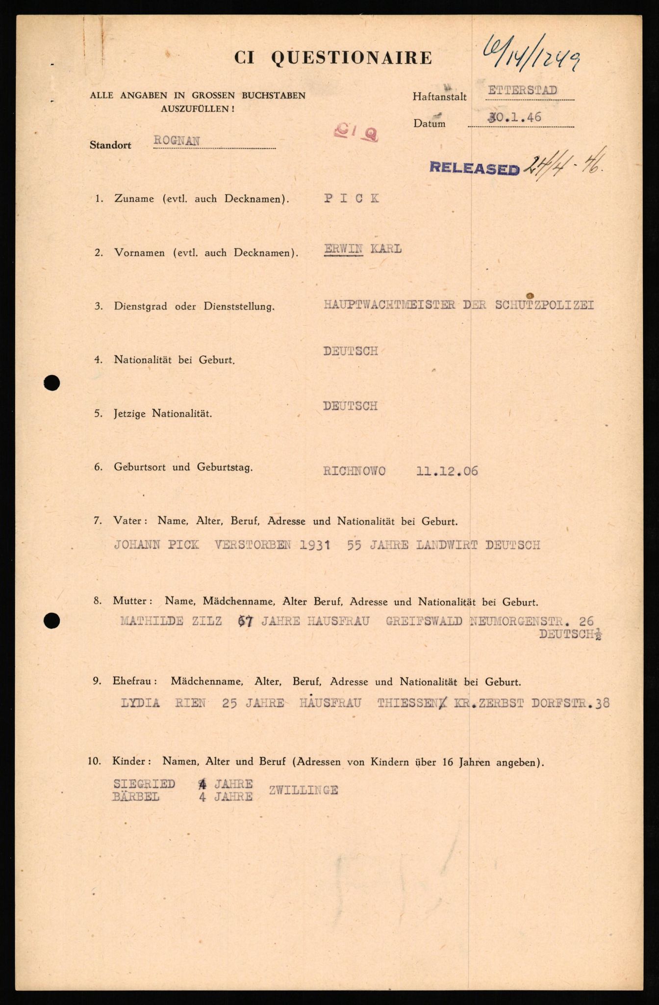 Forsvaret, Forsvarets overkommando II, AV/RA-RAFA-3915/D/Db/L0026: CI Questionaires. Tyske okkupasjonsstyrker i Norge. Tyskere., 1945-1946, p. 129