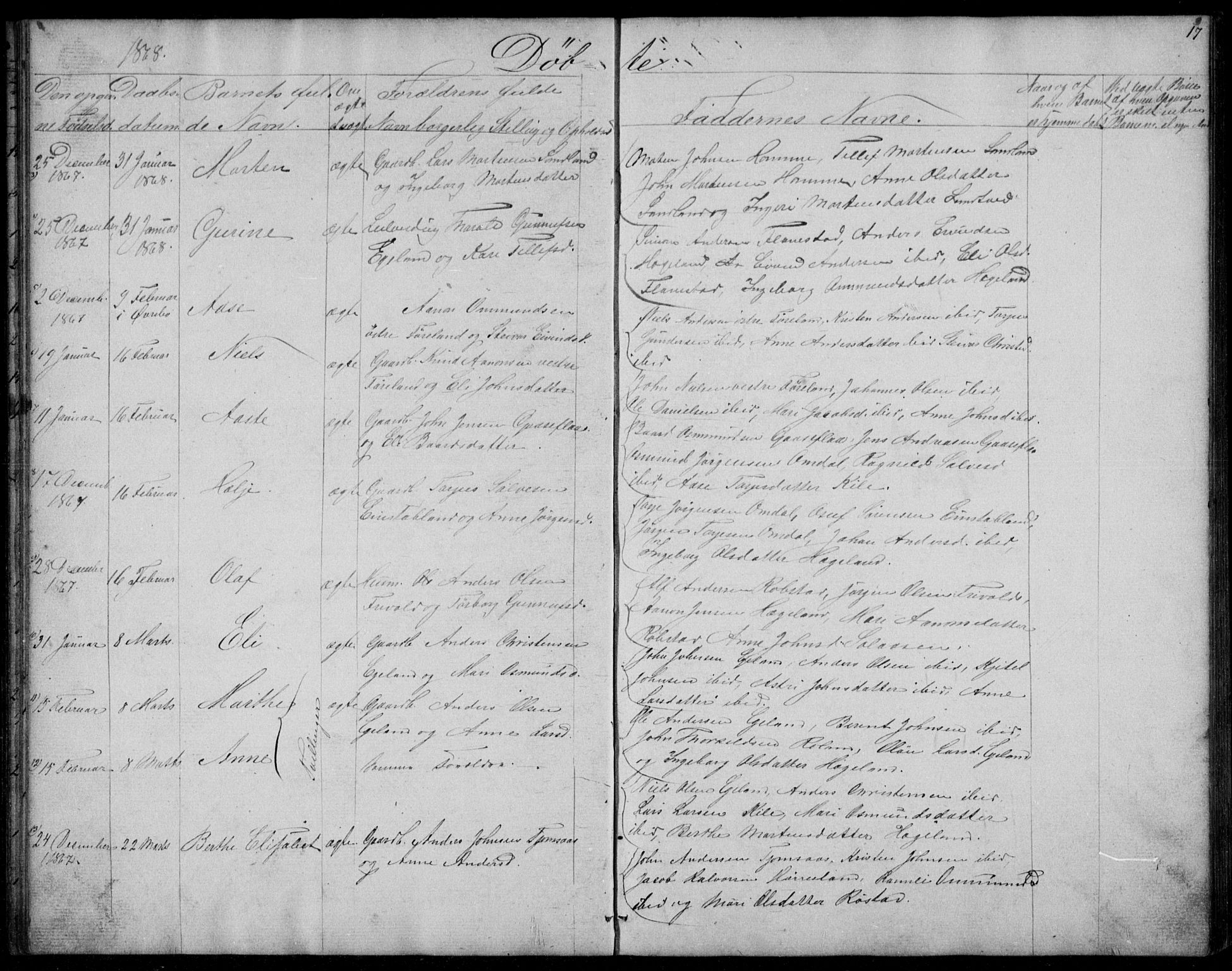 Vennesla sokneprestkontor, SAK/1111-0045/Fb/Fba/L0002: Parish register (copy) no. B 2, 1859-1889, p. 17