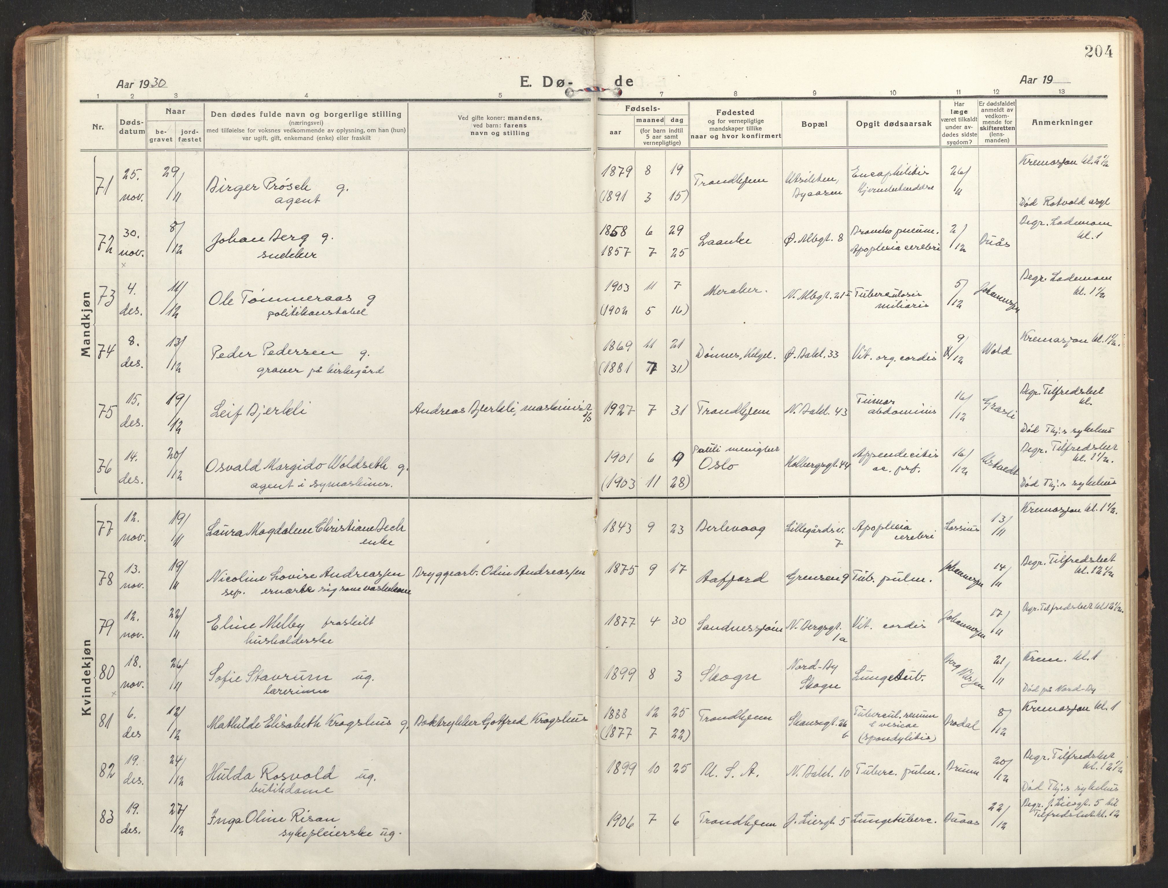 Ministerialprotokoller, klokkerbøker og fødselsregistre - Sør-Trøndelag, SAT/A-1456/604/L0207: Parish register (official) no. 604A27, 1917-1933, p. 204