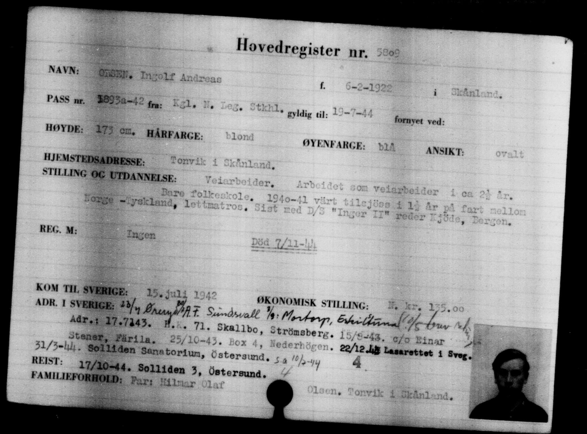 Utenriksstasjonene, Legasjonen i Stockholm, Flyktningkontoret, AV/RA-S-6753/V/Va/L0004: Kjesäterkartoteket, flyktninger med registreringsnr. 3496-6610, 1940-1945, p. 2690