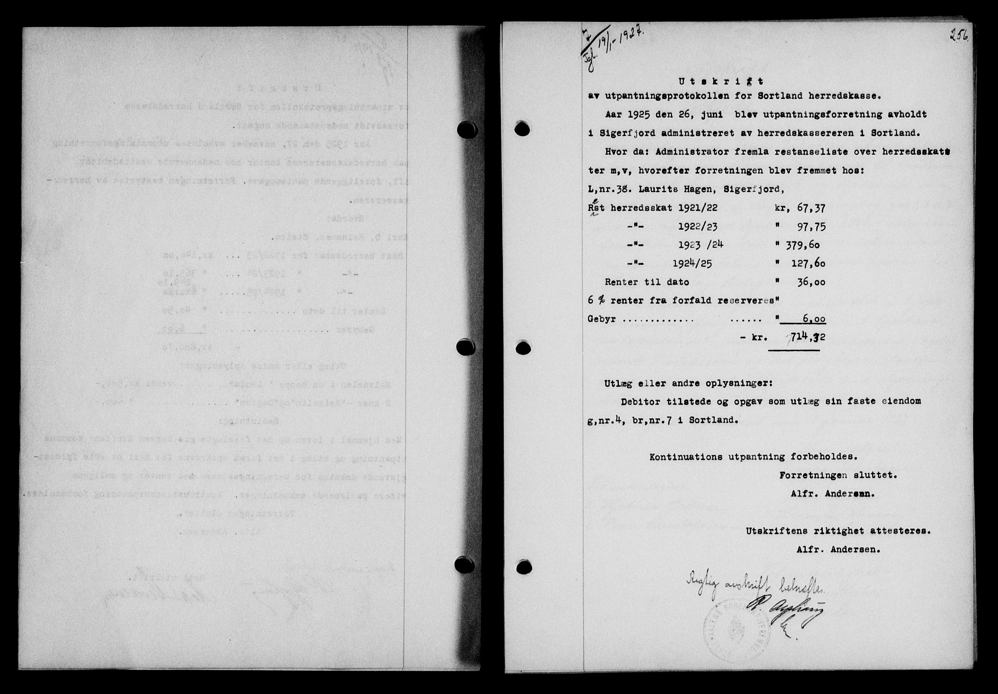 Vesterålen sorenskriveri, AV/SAT-A-4180/1/2/2Ca/L0043: Mortgage book no. 36, 1926-1927, Deed date: 19.01.1927