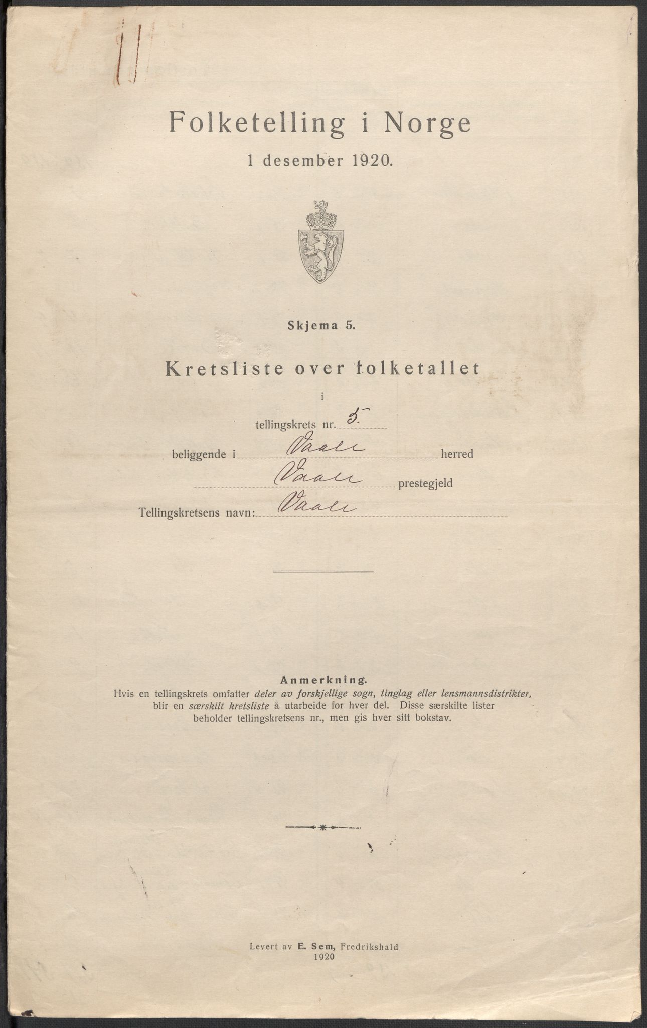 SAKO, 1920 census for Våle, 1920, p. 22