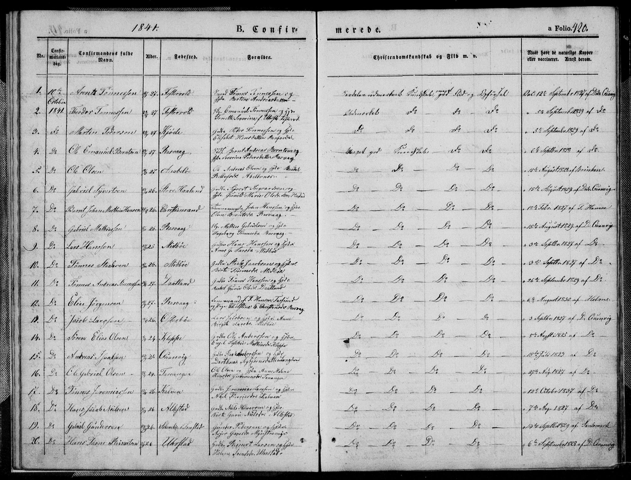 Flekkefjord sokneprestkontor, SAK/1111-0012/F/Fb/Fbb/L0002: Parish register (copy) no. B 2b, 1831-1866, p. 420
