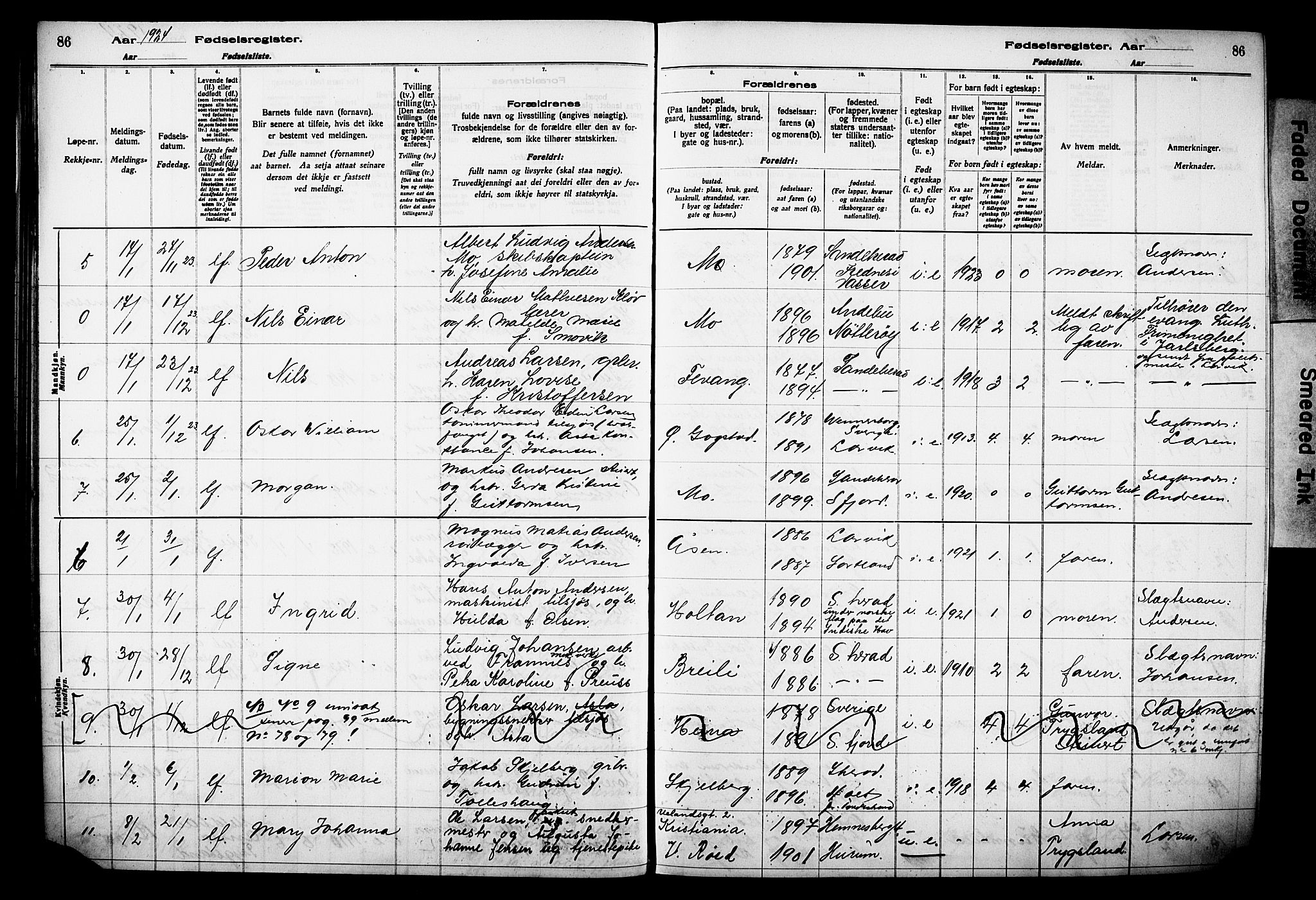 Sandar kirkebøker, AV/SAKO-A-243/J/Ja/L0002: Birth register no. 2, 1922-1929, p. 86