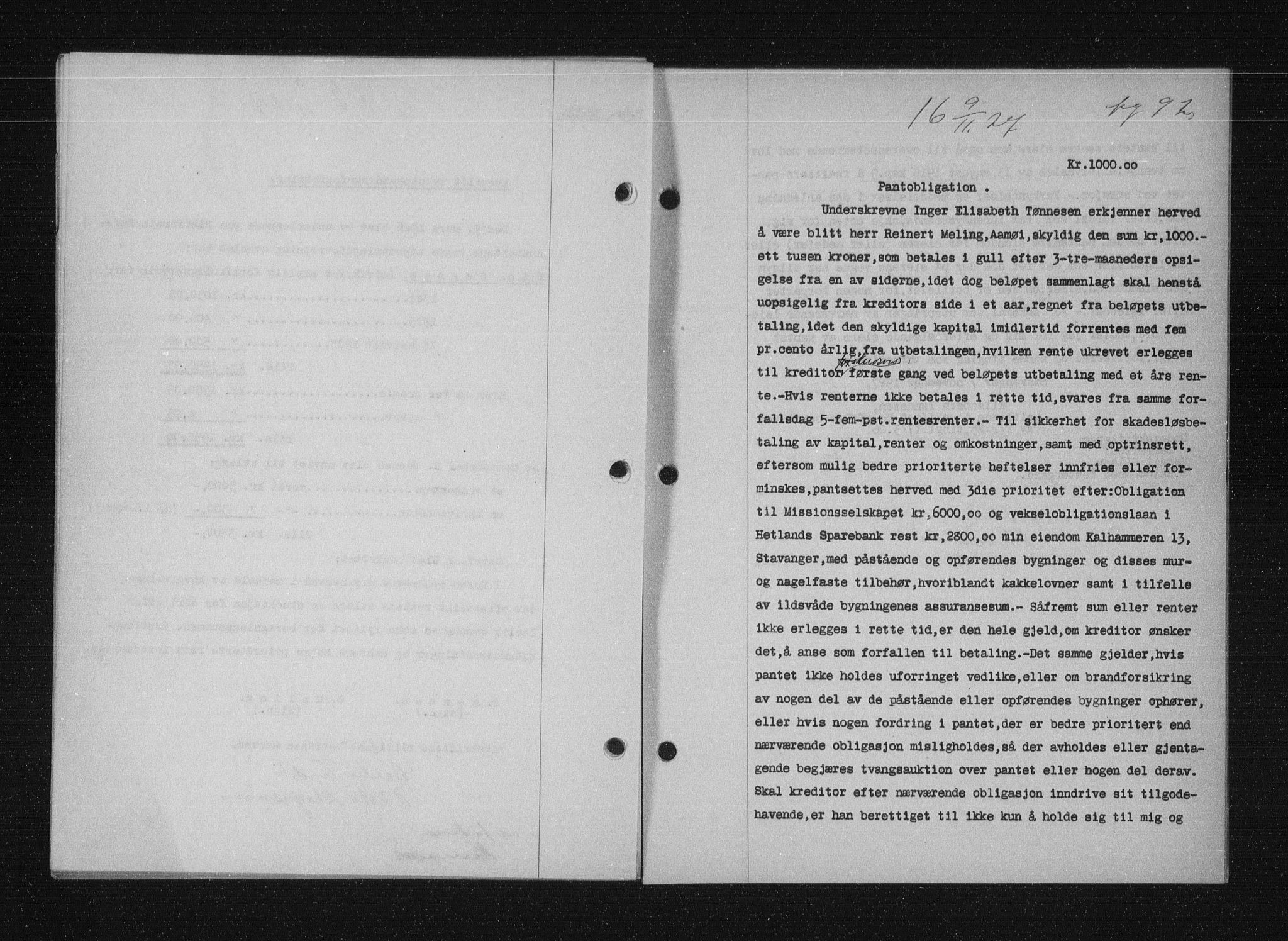 Stavanger byfogd, SAST/A-101408/001/4/41/410/410BB/L0053: Mortgage book no. 41, 1927-1928, Deed date: 09.11.1927