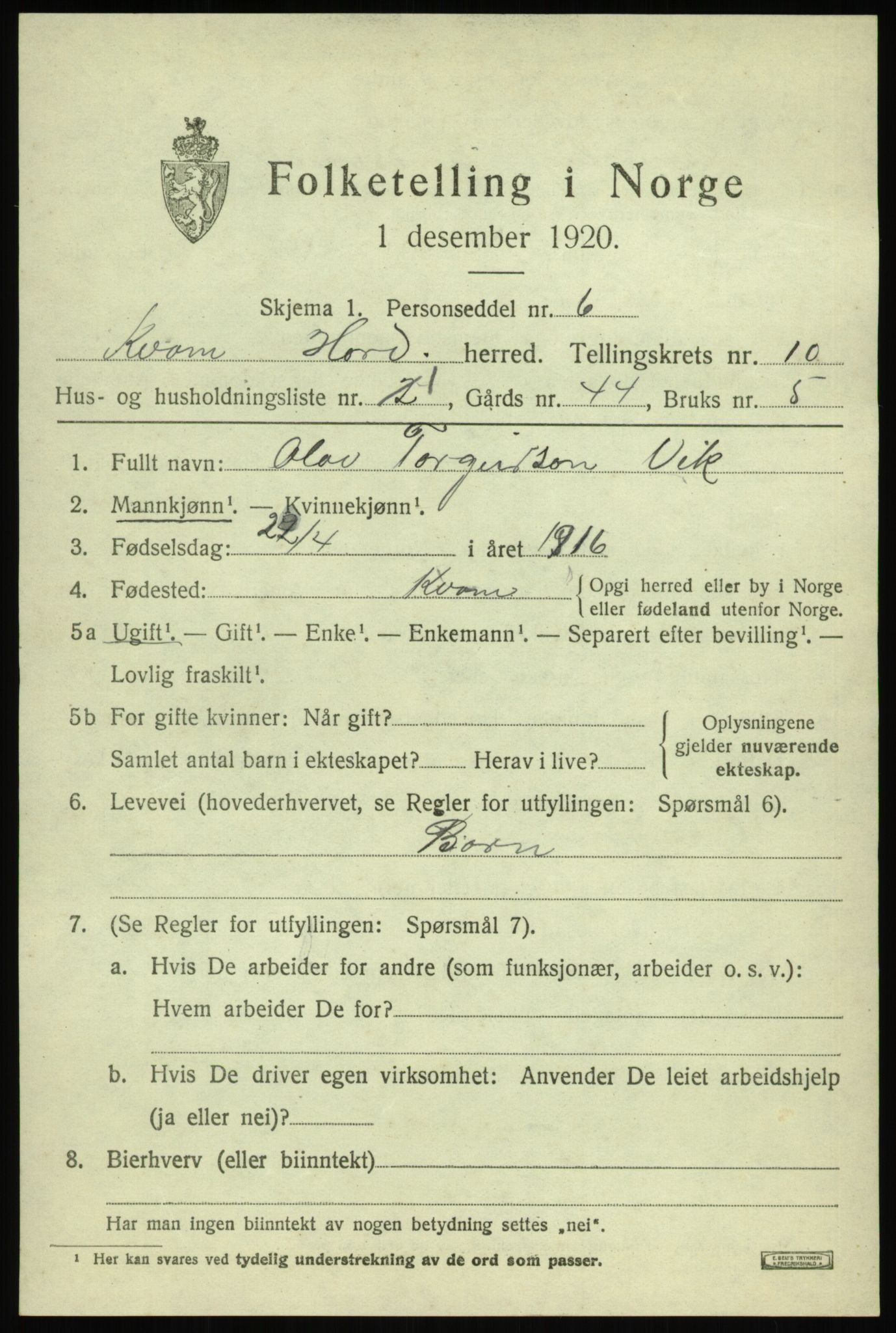 SAB, 1920 census for Kvam, 1920, p. 6331